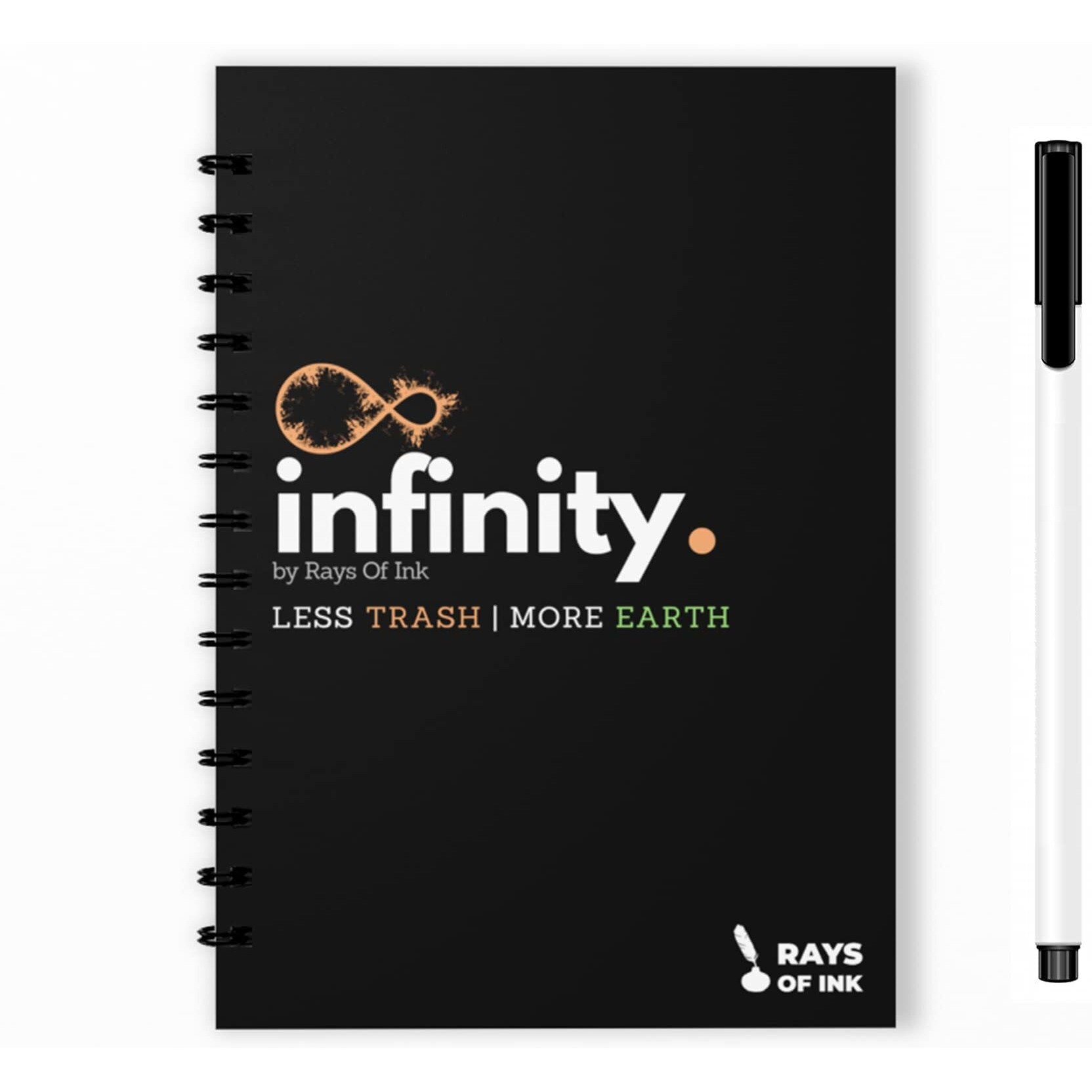 Rays Of Ink Infinity Re-Writeable/Reusable Notebook - Eco Friendly Notebook With Fine Tip Marker & 2 Microfiber Cloth And A Pocket At Back | A5 Size (8.3" X 5.8") (1Mm Tip Pen, Black), 20 Pages