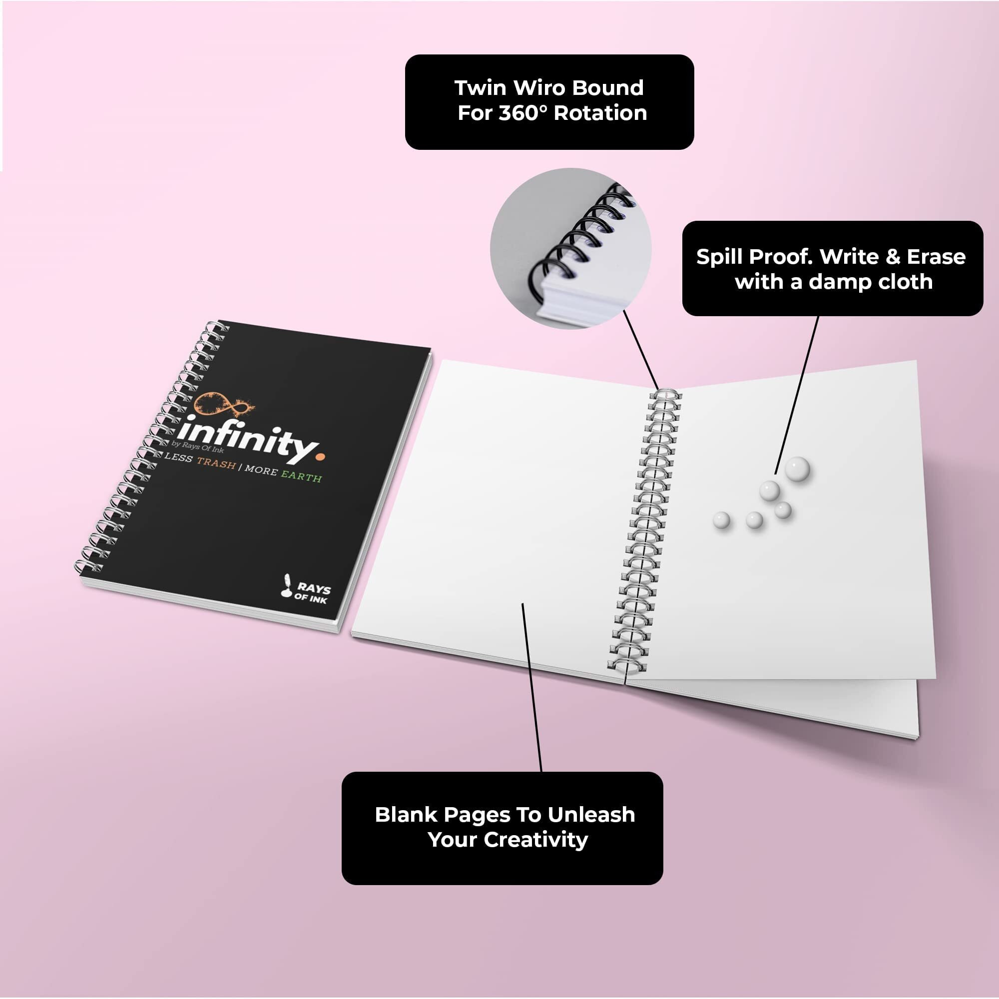Rays Of Ink Infinity Re-Writeable/Reusable Notebook - Eco Friendly Notebook With Fine Tip Marker & 2 Microfiber Cloth And A Pocket At Back | A5 Size (8.3" X 5.8") (1Mm Tip Pen, Black), 20 Pages