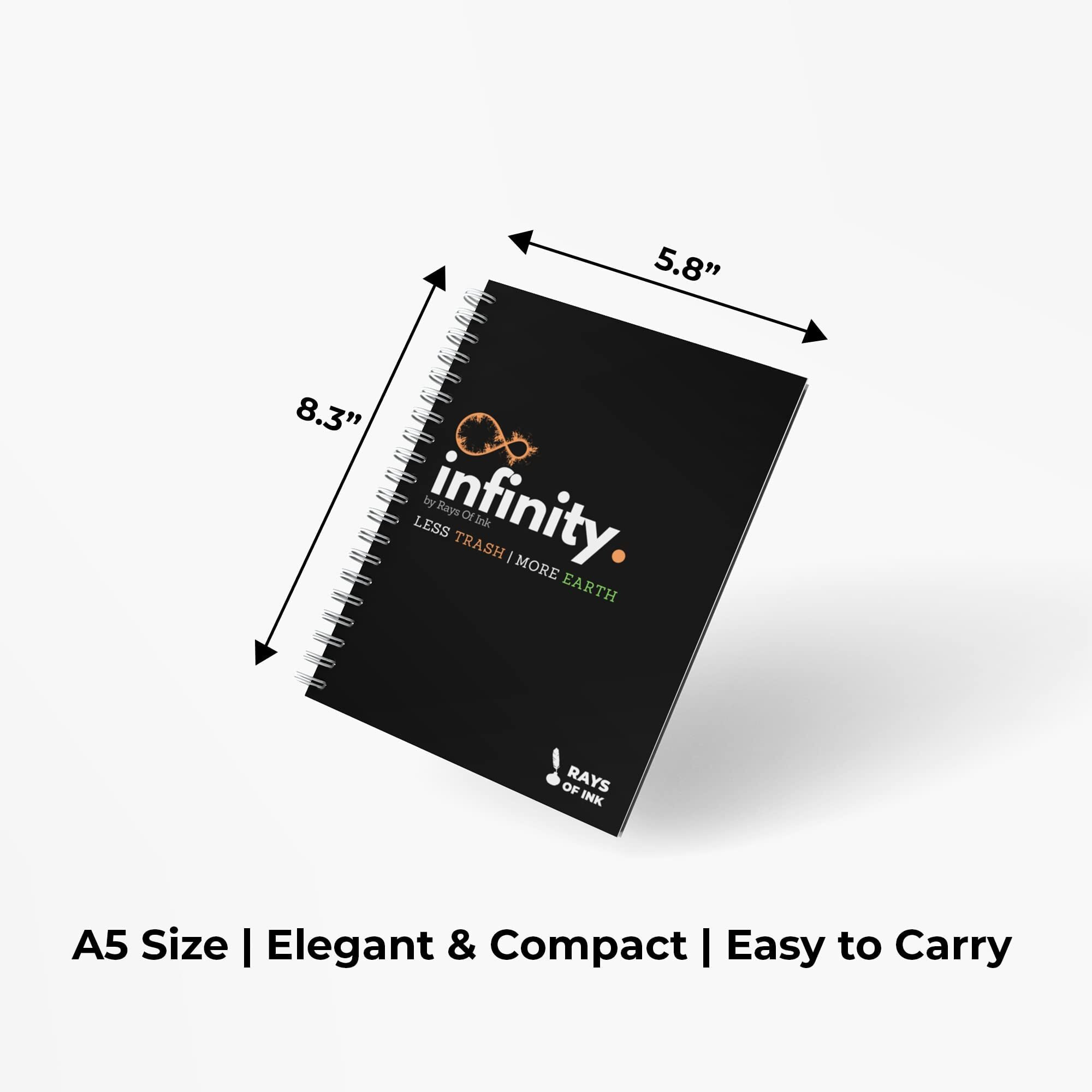 Rays Of Ink Infinity Re-Writeable/Reusable Notebook - Eco Friendly Notebook With Fine Tip Marker & 2 Microfiber Cloth And A Pocket At Back | A5 Size (8.3" X 5.8") (1Mm Tip Pen, Black), 20 Pages