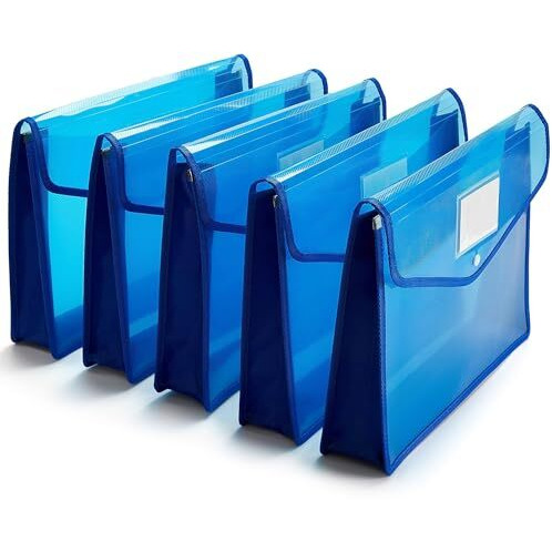 Jeyang Transparent A4 Envelope Folder, Poly-Plastic Documents File Storage Bag With Snap Button (Blue, Pack - 5)