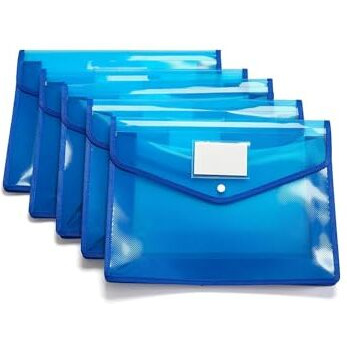 Jeyang Transparent A4 Envelope Folder, Poly-Plastic Documents File Storage Bag With Snap Button (Blue, Pack - 5)