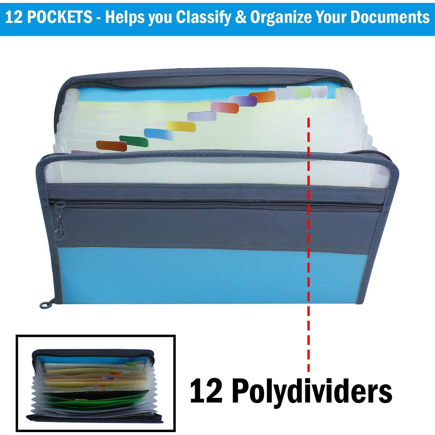More Buy 12 Pockets Expanding Zipped File Folder For Document, A4 Size Folder, Blue