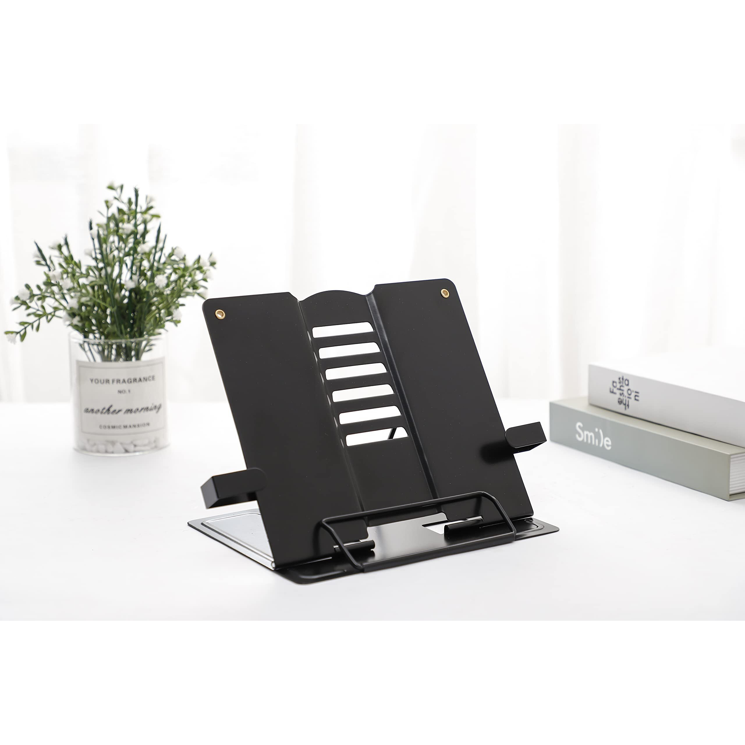 Volo Portable Metal Book Stand Holder - Adjustable, Foldable Design For Desktop Use - Ideal For Cookbooks, Textbooks, Sheet Music, And More - Convenient Book Organizer (Black)