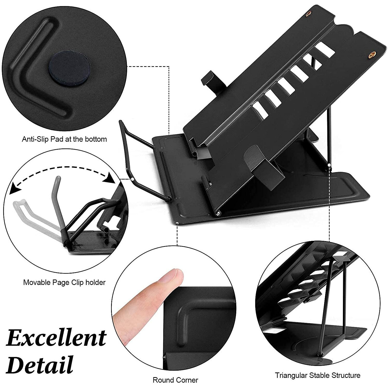 Volo Portable Metal Book Stand Holder - Adjustable, Foldable Design For Desktop Use - Ideal For Cookbooks, Textbooks, Sheet Music, And More - Convenient Book Organizer (Black)