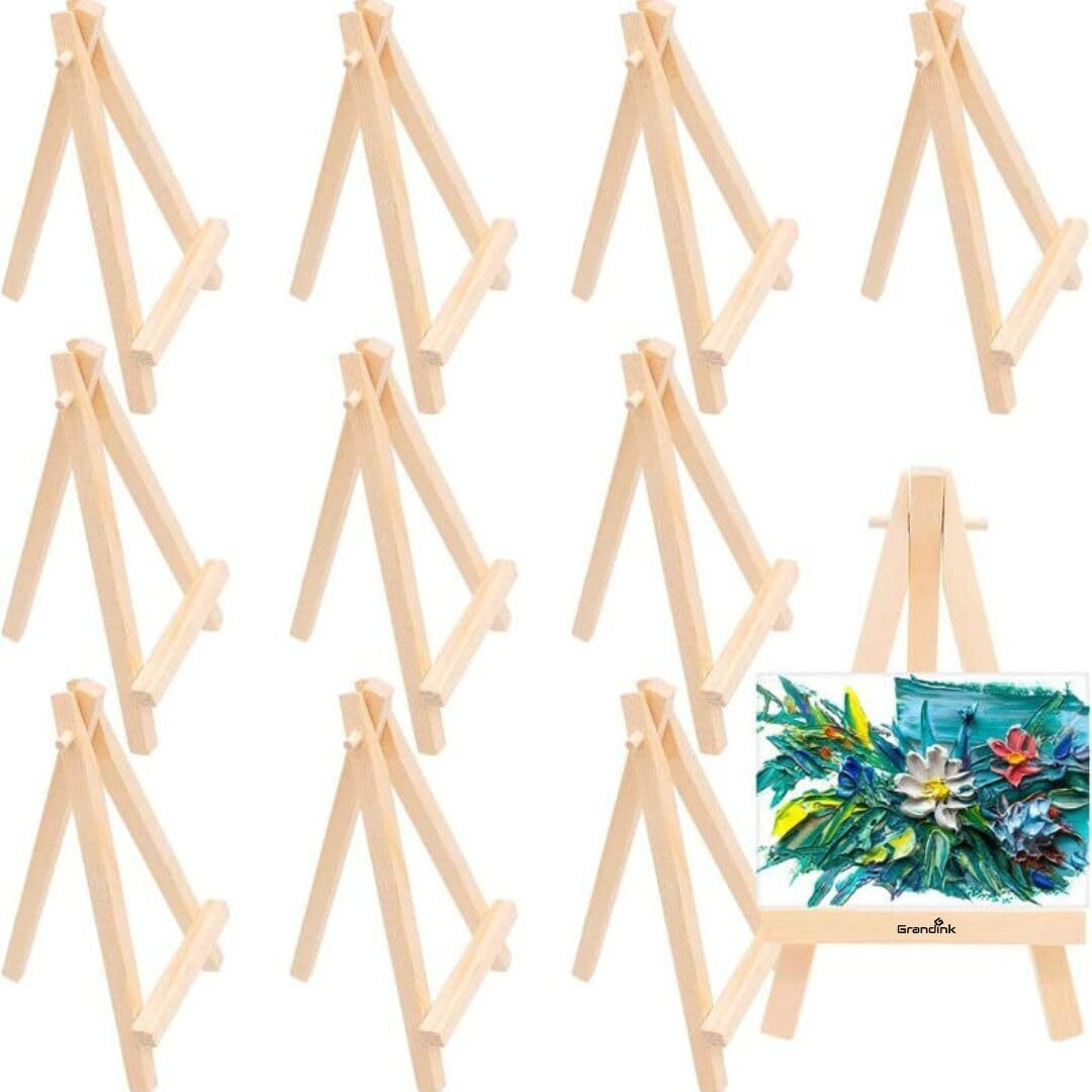 Grandink 7 Inch (Pack Of 10) Mini Wood Display Easel, Natural Wooden Tripod Holder Stand For Displaying Small Canvases, Business Cards, Photos