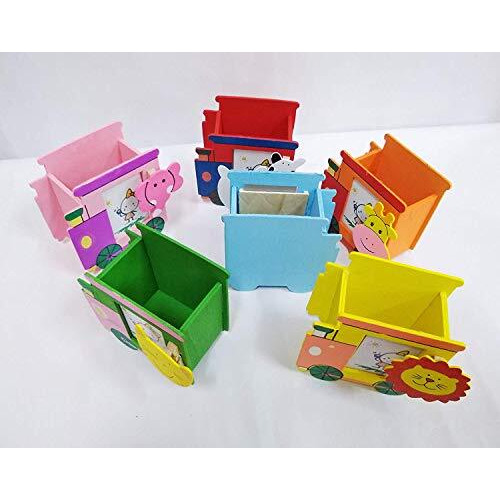 Gold Leaf Wooden Pen Stand With Photo Frame Birthday Return Gifts For Kids (Multicolor, Pack Of 6) (Train)
