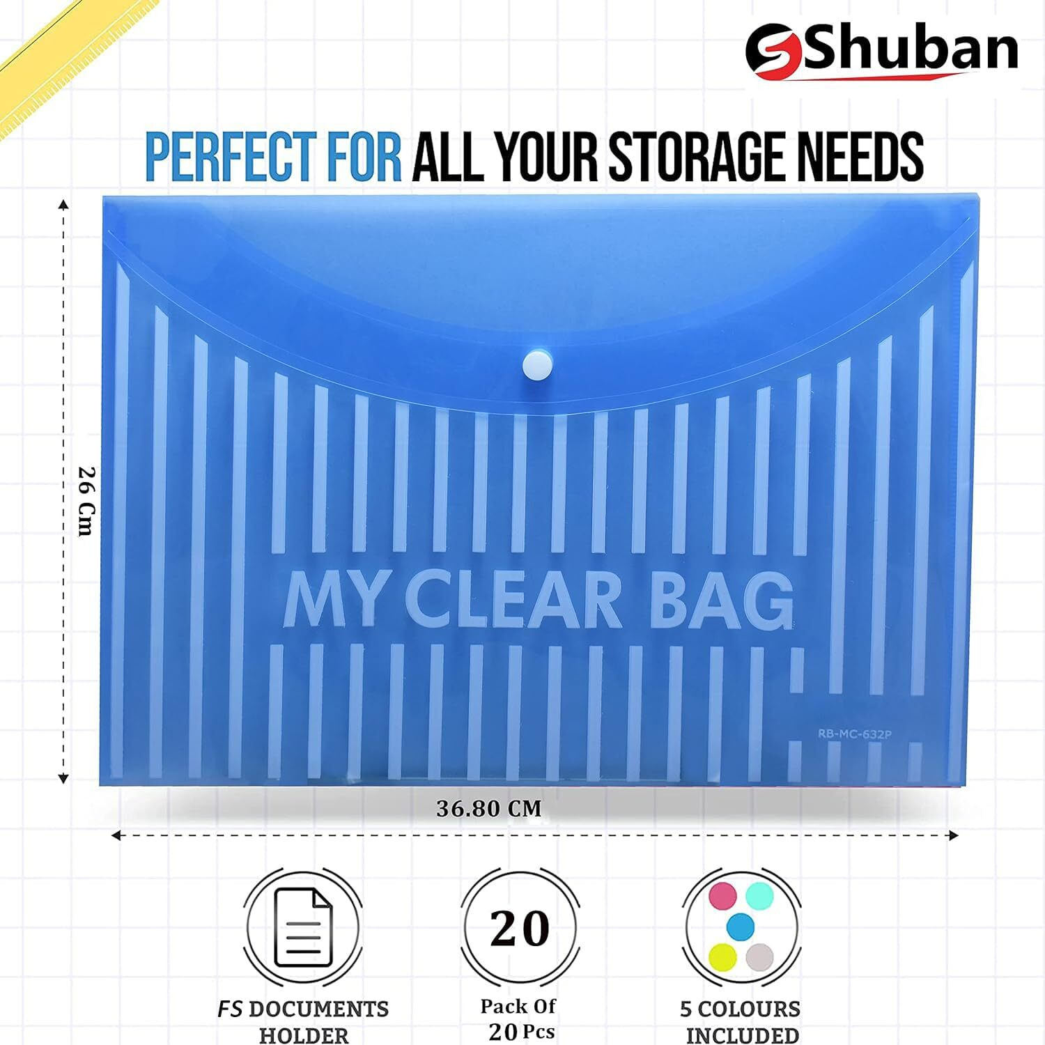 Shuban 20 Pcs Lining Print Plastic Poly Document File Folders Clear Envelopes With Snap Button Closure - Fs Legal Letter Size For School, Home, And Office Use (Assorted Color)
