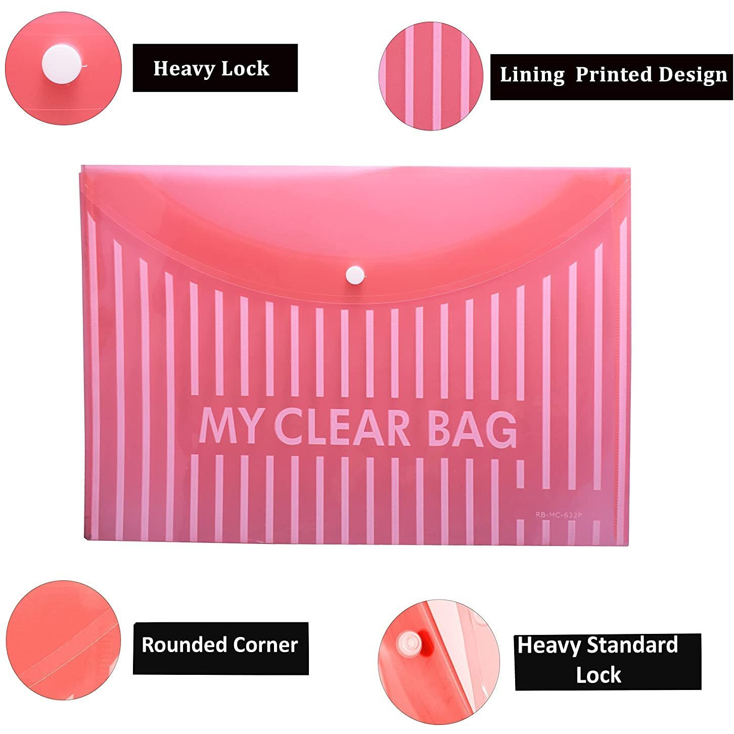 Shuban 20 Pcs Lining Print Plastic Poly Document File Folders Clear Envelopes With Snap Button Closure - Fs Legal Letter Size For School, Home, And Office Use (Assorted Color)