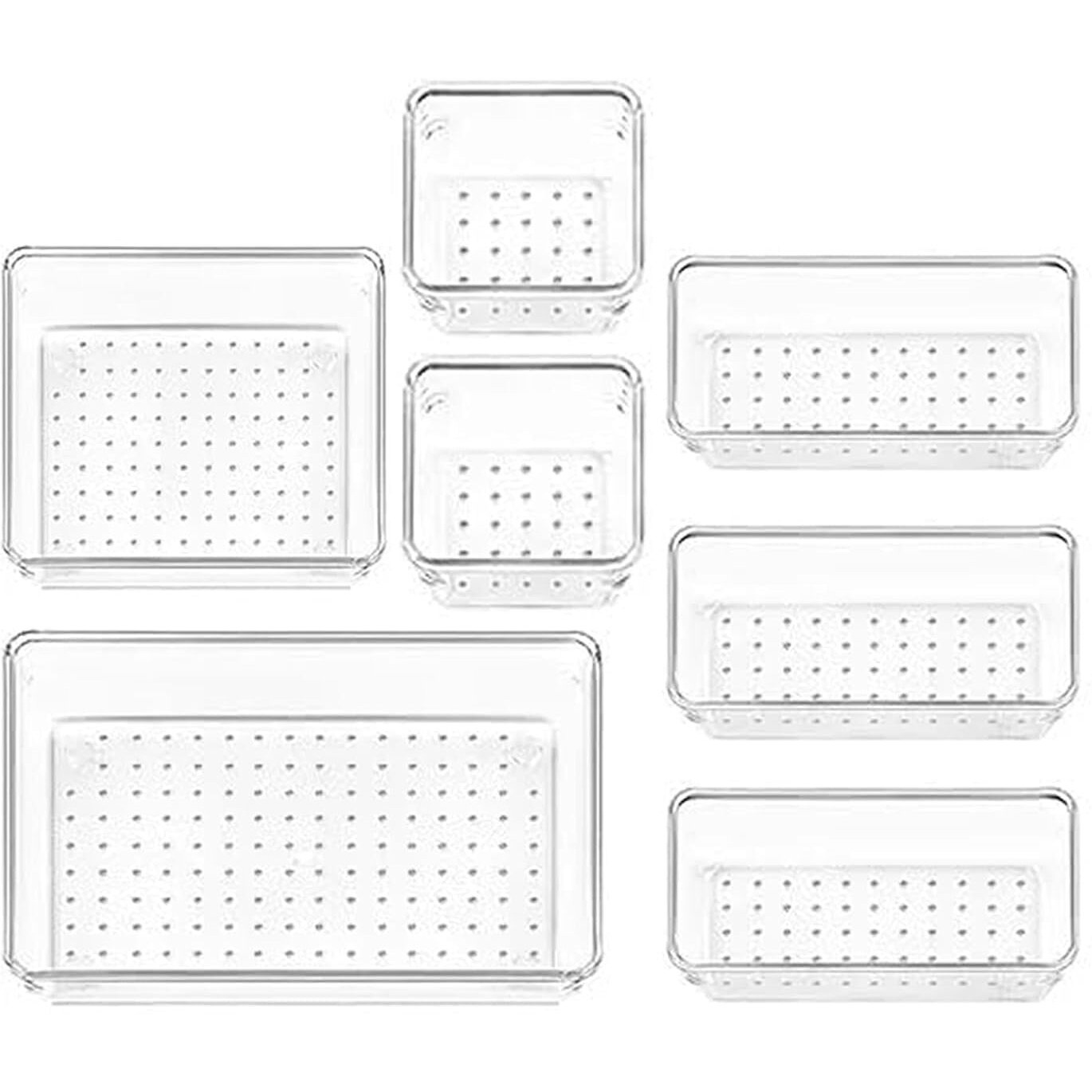 Inkulture Drawer Organizer Stationery Storage Bins With Various Size For Kitchen, Office, Bathroom, Vanity Makeup Organiser | Set Of 07 Pcs | Clear | Glass, Transparent