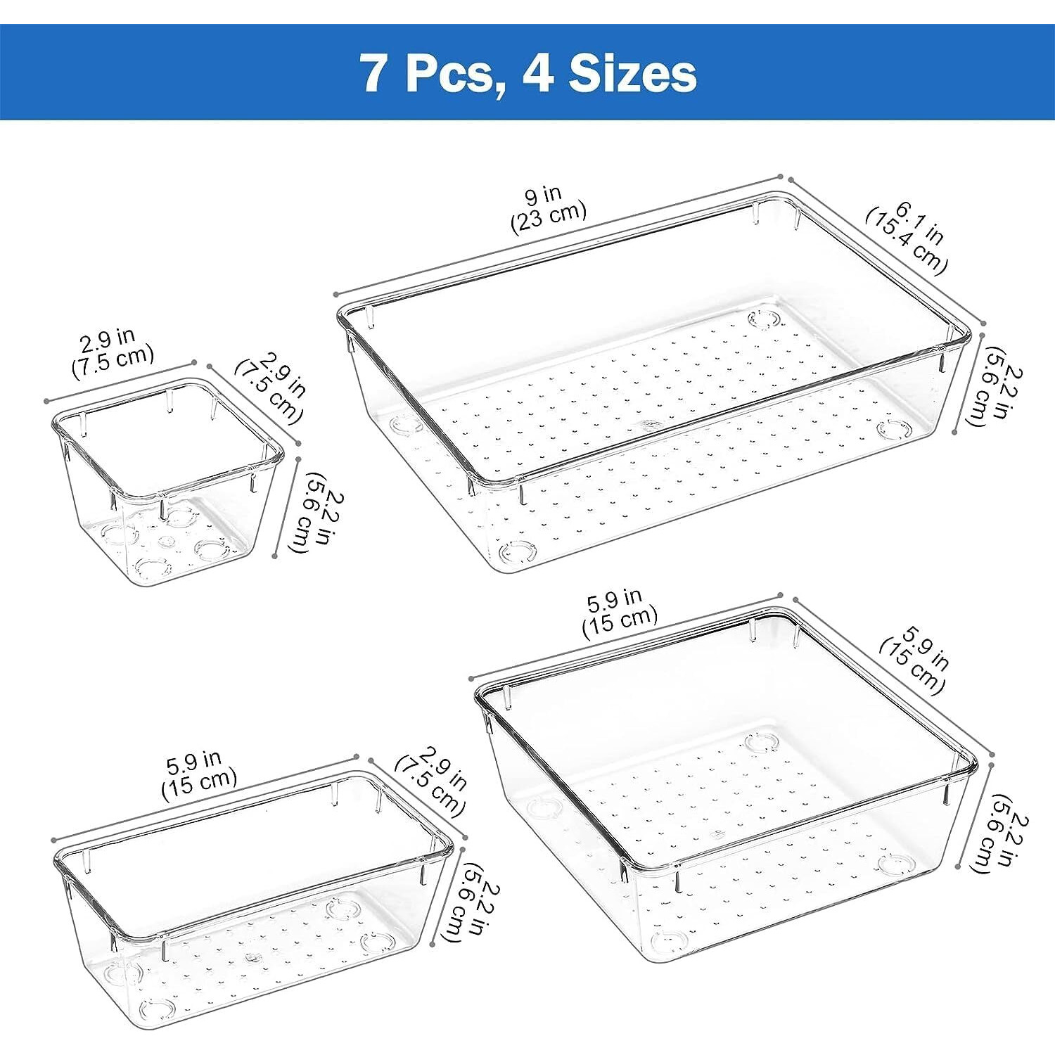 Inkulture Drawer Organizer Stationery Storage Bins With Various Size For Kitchen, Office, Bathroom, Vanity Makeup Organiser | Set Of 07 Pcs | Clear | Glass, Transparent
