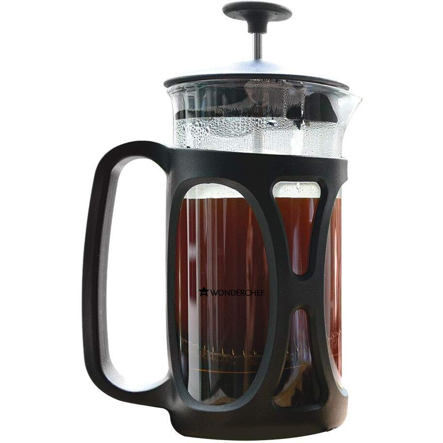 Wonderchef French Press Coffee & Tea Maker 350 Ml|Borosilicate Glass Carafe|4 Level Filtration System|Stainless Steel Plunger With Mesh|1-2 Cups Of Coffee|Brews In Just 3 Minutes|Black|1 Year Warranty