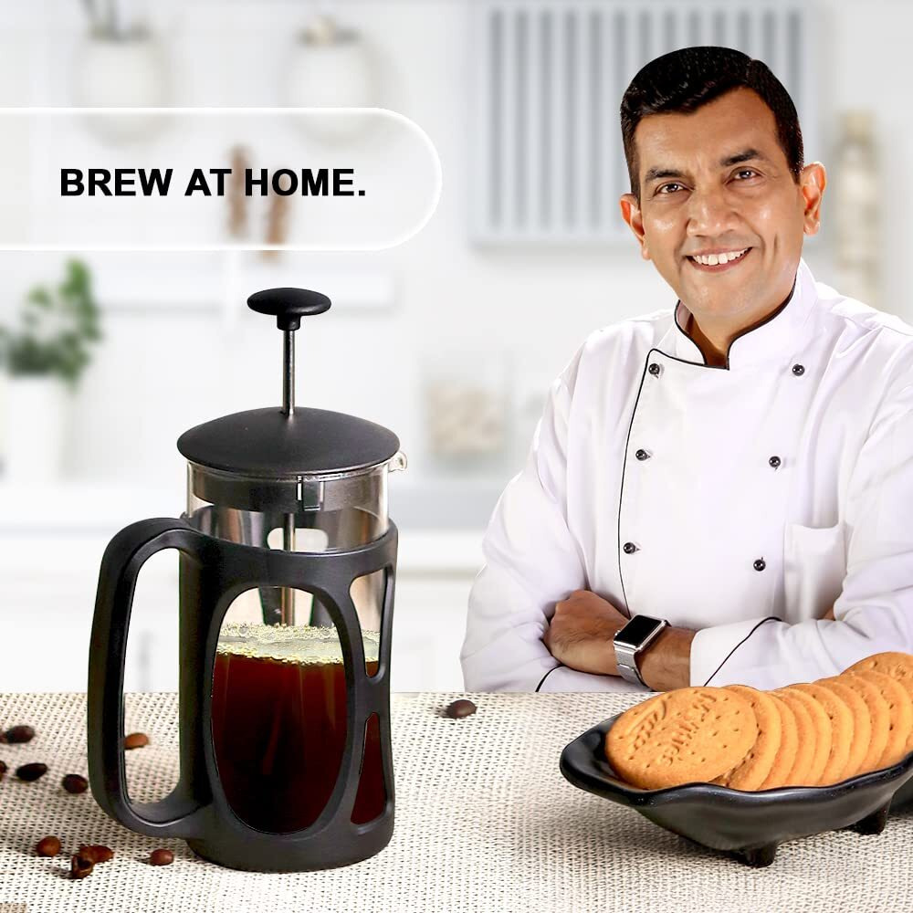 Wonderchef French Press Coffee & Tea Maker 350 Ml|Borosilicate Glass Carafe|4 Level Filtration System|Stainless Steel Plunger With Mesh|1-2 Cups Of Coffee|Brews In Just 3 Minutes|Black|1 Year Warranty