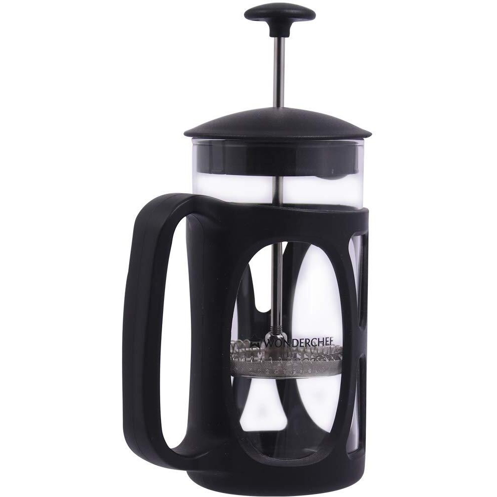 Wonderchef French Press Coffee & Tea Maker 350 Ml|Borosilicate Glass Carafe|4 Level Filtration System|Stainless Steel Plunger With Mesh|1-2 Cups Of Coffee|Brews In Just 3 Minutes|Black|1 Year Warranty