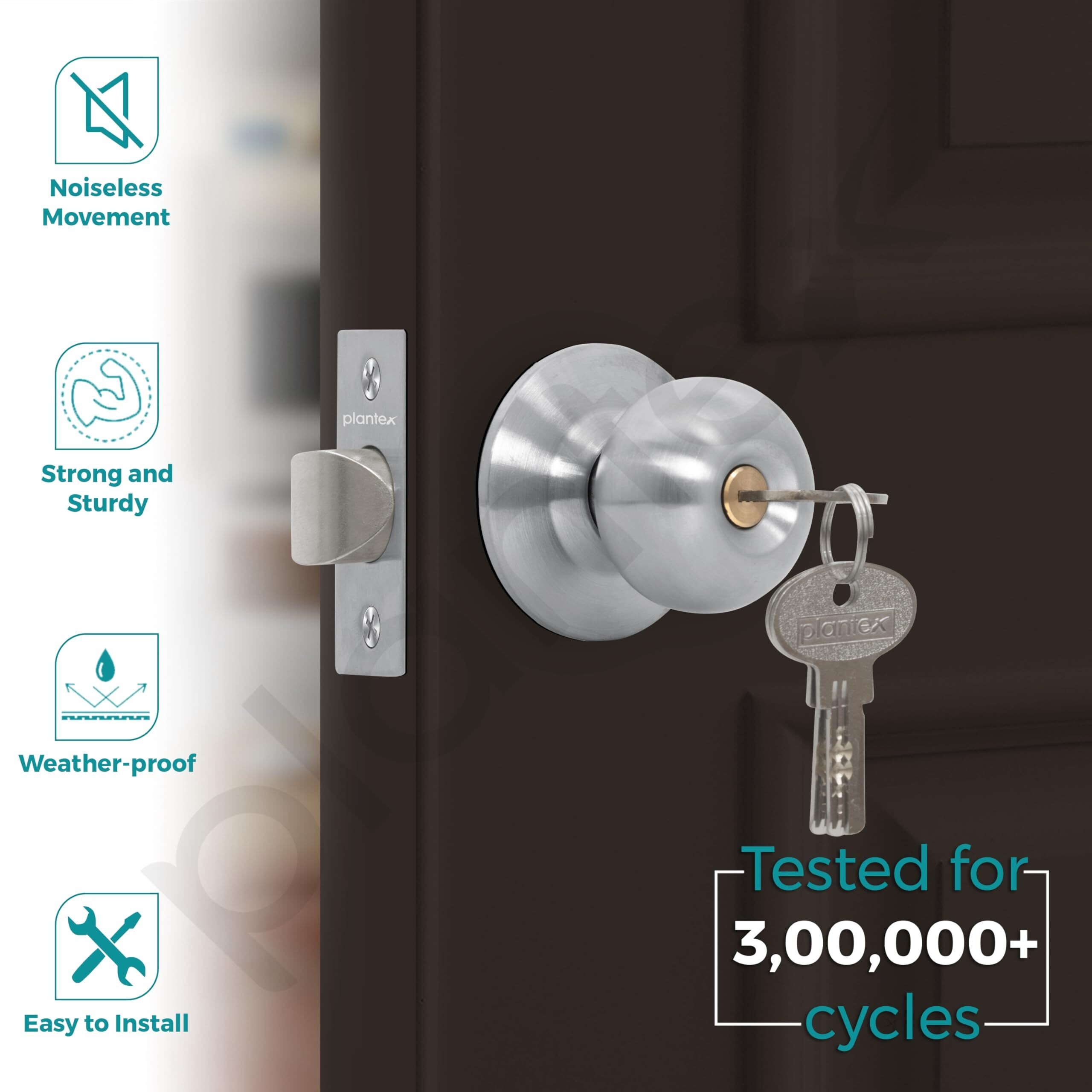 Plantex Brass Door Lock - Cylindrical Door Lock With 3 Keys/Tubular Door Knob/Lock For Main Door/Bedroom (Matt)