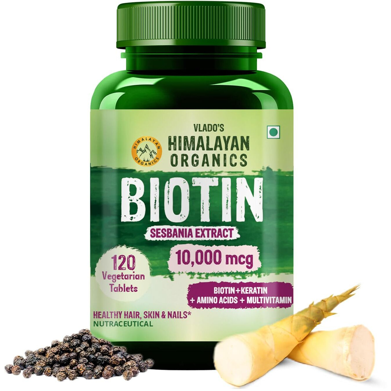 VladoS Himalayan Organic Biotin 10000 Mcg Supplement For Men And Women With Keratin+Amino Acids+Multivitamin For Healthy Hair, Skin & Nails -120 Vegetarian Tablets