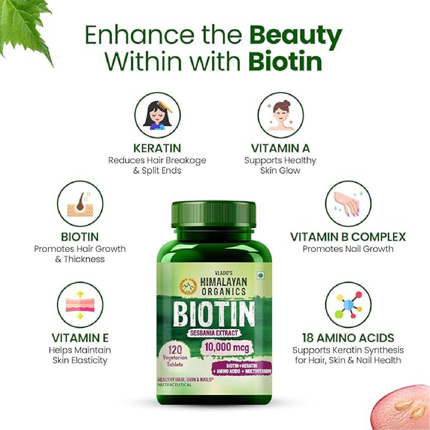VladoS Himalayan Organic Biotin 10000 Mcg Supplement For Men And Women With Keratin+Amino Acids+Multivitamin For Healthy Hair, Skin & Nails -120 Vegetarian Tablets