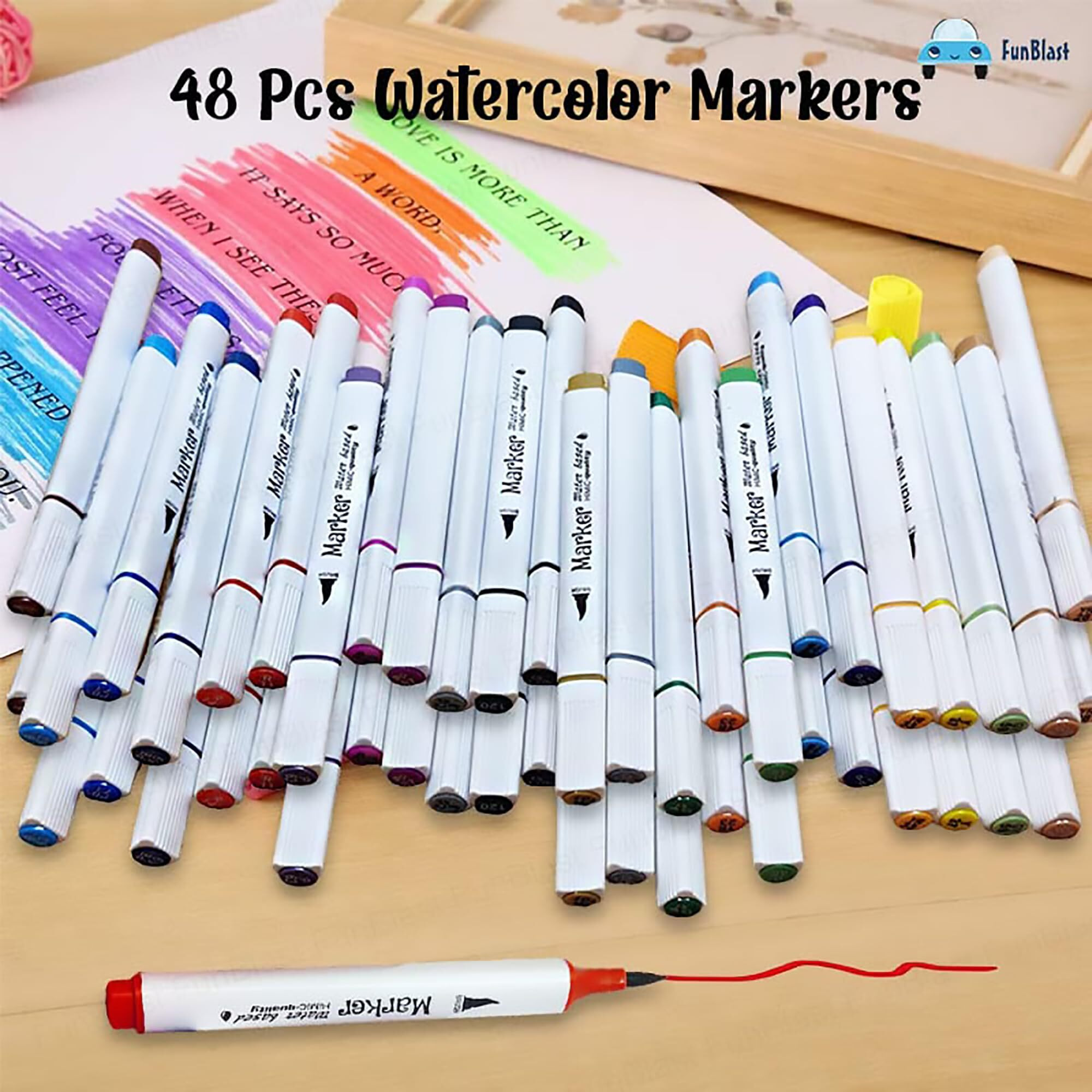 Funblast Watercolor Markers For Artists-Colouring Kit Art Markers,Fineliner Colour Pens,Water Based Marker For Calligraphy Drawing Sketching Coloring Book Journal Art (48 Pcs),Multicolor