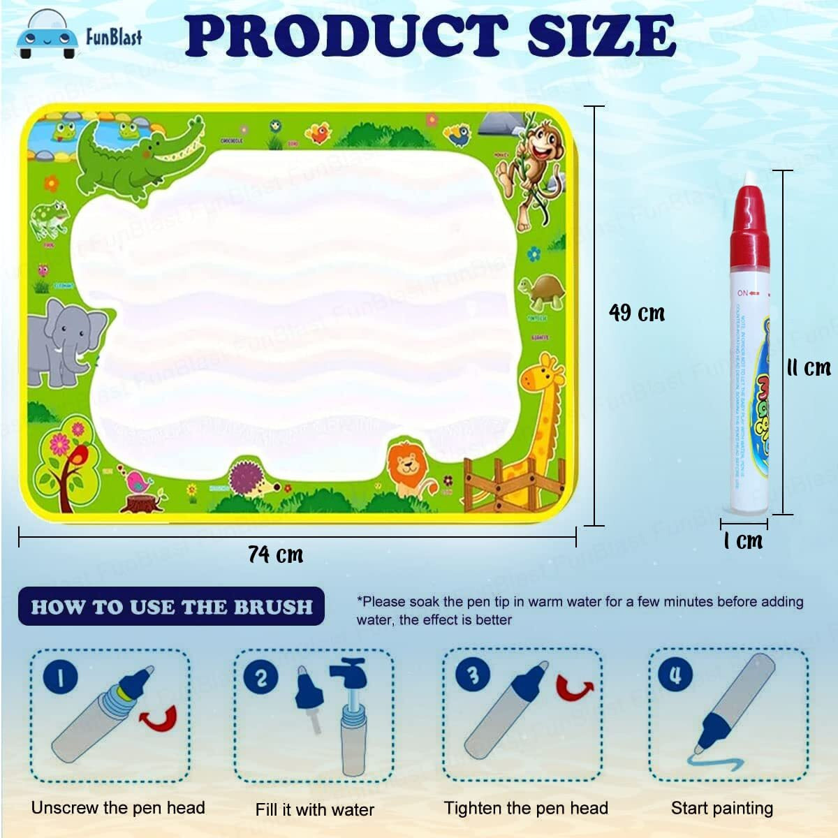 Funblast Magic Water Drawing Mat With Rainbow Color Swatches Jumbo Size Aqua Magic Erasable Drawing Pad For Toddlers, Learning And Educational Doodle Mat For Girls, Boys, Kids (74 X 49 Cm)
