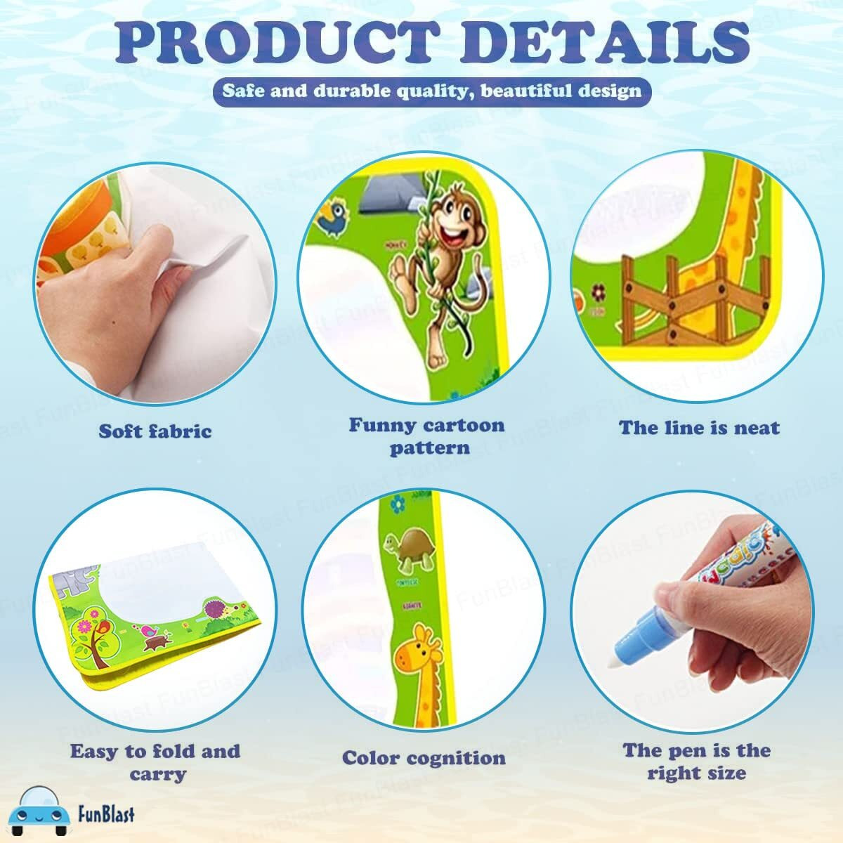 Funblast Magic Water Drawing Mat With Rainbow Color Swatches Jumbo Size Aqua Magic Erasable Drawing Pad For Toddlers, Learning And Educational Doodle Mat For Girls, Boys, Kids (74 X 49 Cm)