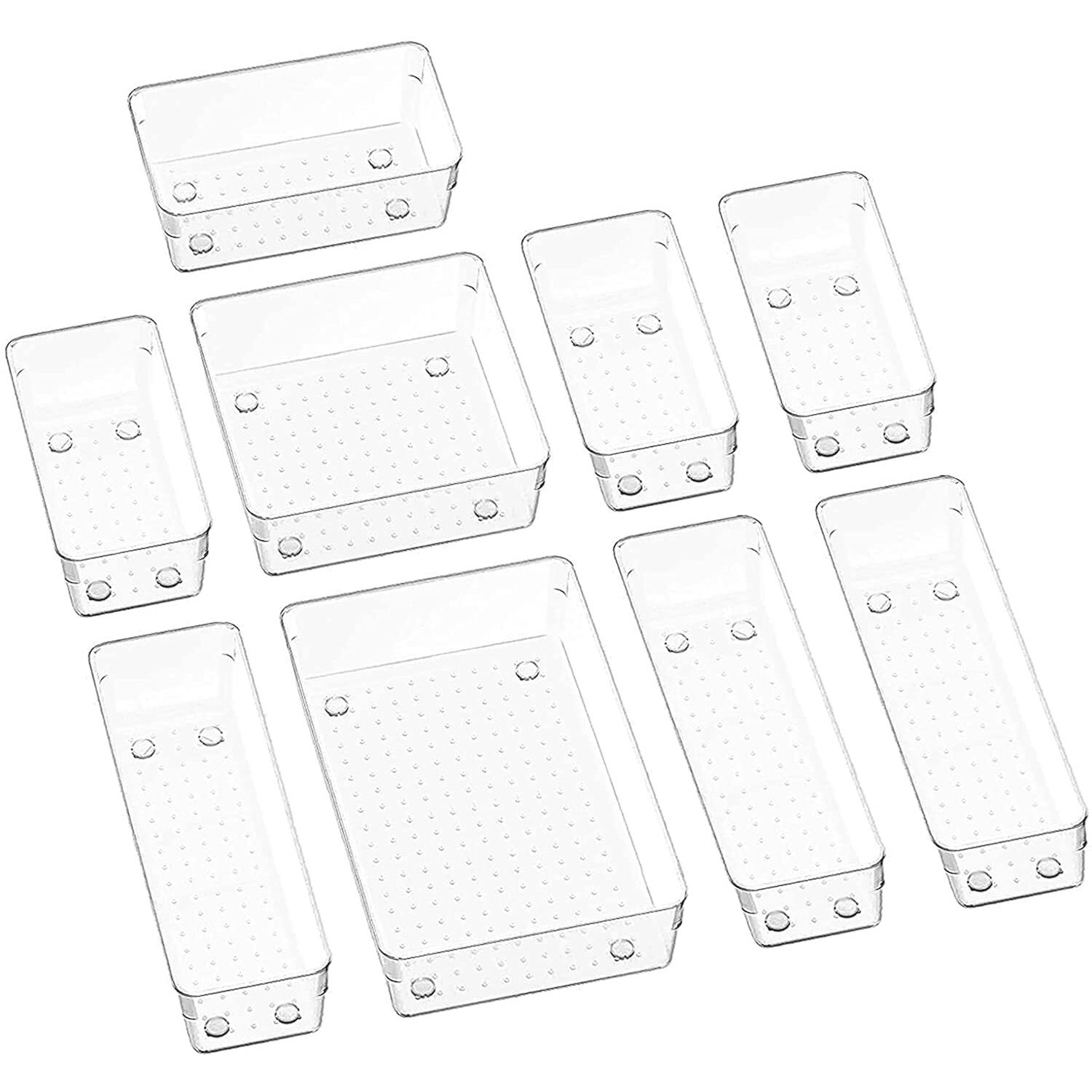 Inkulture Glass Drawer Organizer Cosmetics Storage Bins With Various Size For Kitchen, Office, Bathroom, Vanity Makeup Organiser | Pack Of 09 | Clear