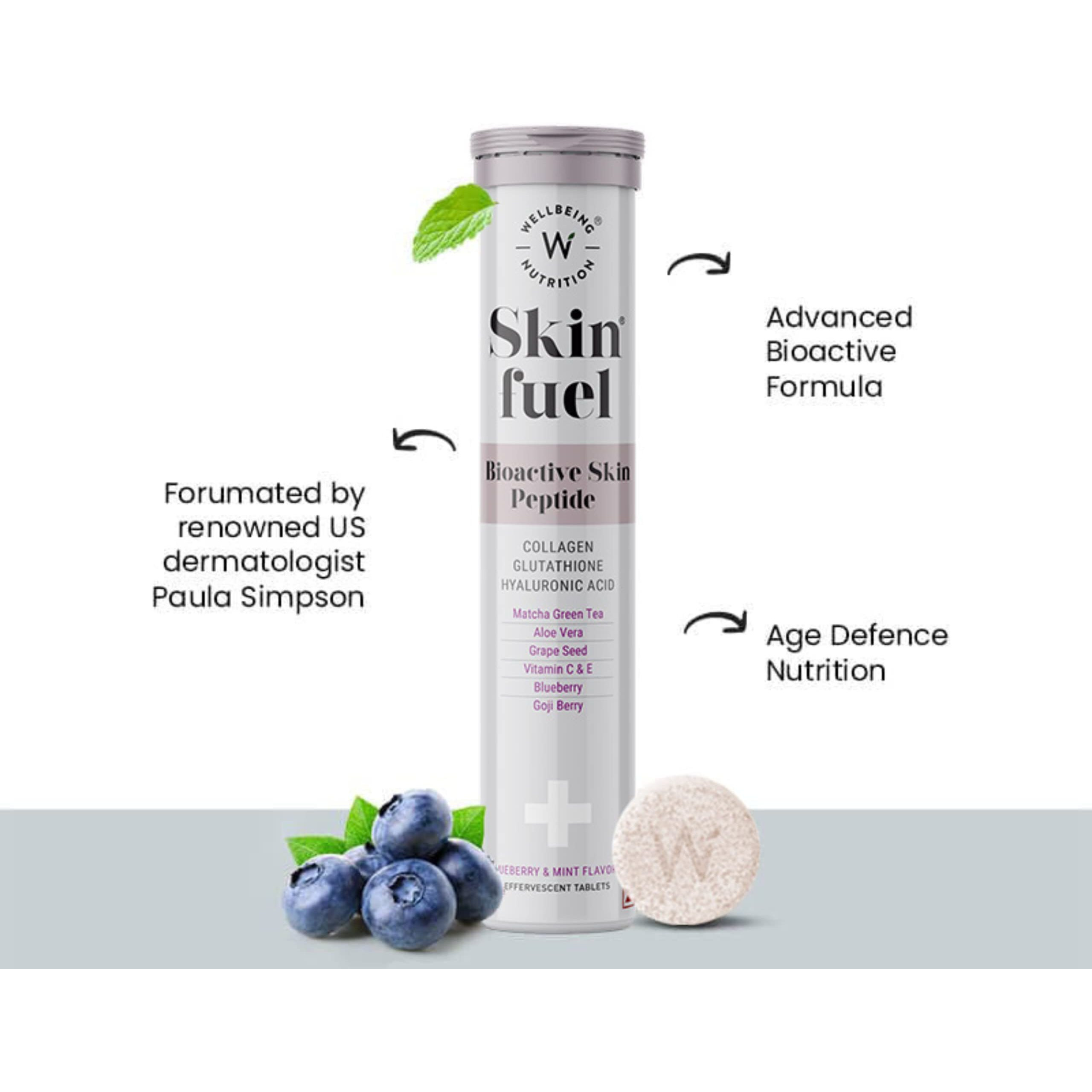 Wellbeing Nutrition Skin Fuel | Glutathione Tablets | Skin Glow And Radiance For Men & Women | Hyaluronic Acid, Grape Seed, Vitamin E (15 Effervescent Tablets) Pack Of 1