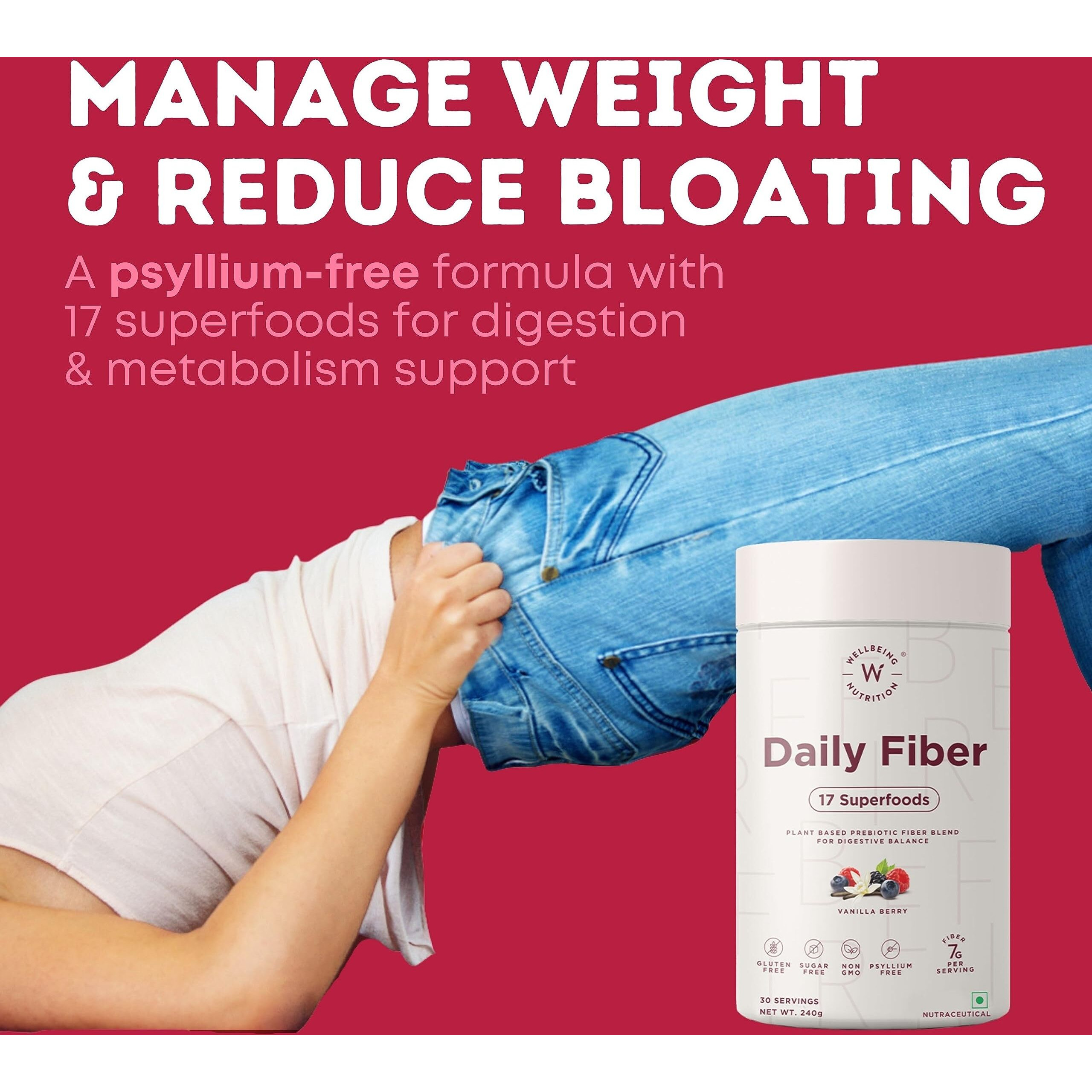 Wellbeing Nutrition Daily Fiber Powder | Weight Management, Manages Sugar Control, Bloating, Constipation & Acidity Relief | Organic Prebiotic Digestive Fiber Supplement | Vanilla Berry | 30 Servings