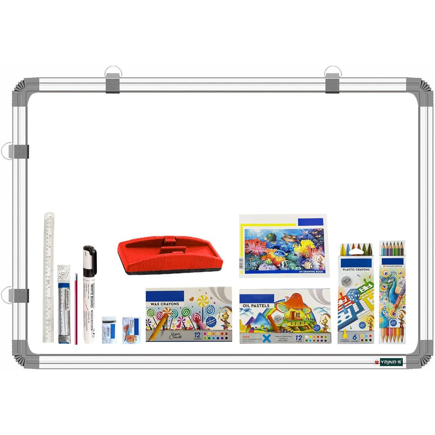 Yajnas Non Magnetic 1.5X2 Feet Double Sided White And Chalk Board Both Side Writing Board, One Side White And Reverse Side Chalk Board Surface With Beginners Combo Kit