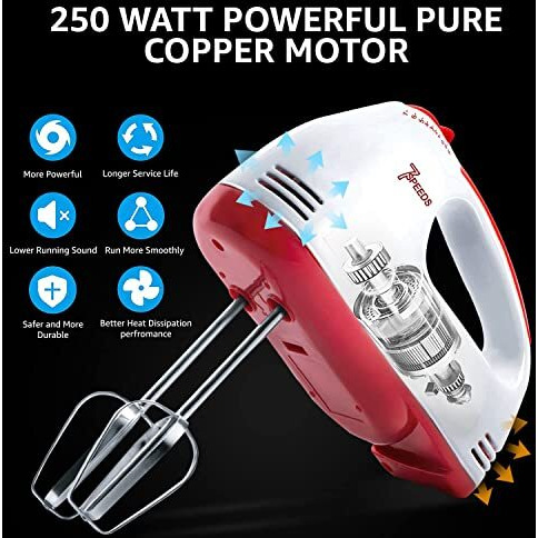 Inalsa Hand Blender For Kitchen|Hand Mixer Blender|2 Detachable Beaters & Whisker/Dough Hooks | Powerful 250 Watt Motor | Variable 7 Speed Control |Hand Blender (White/Red)-Easy Mix