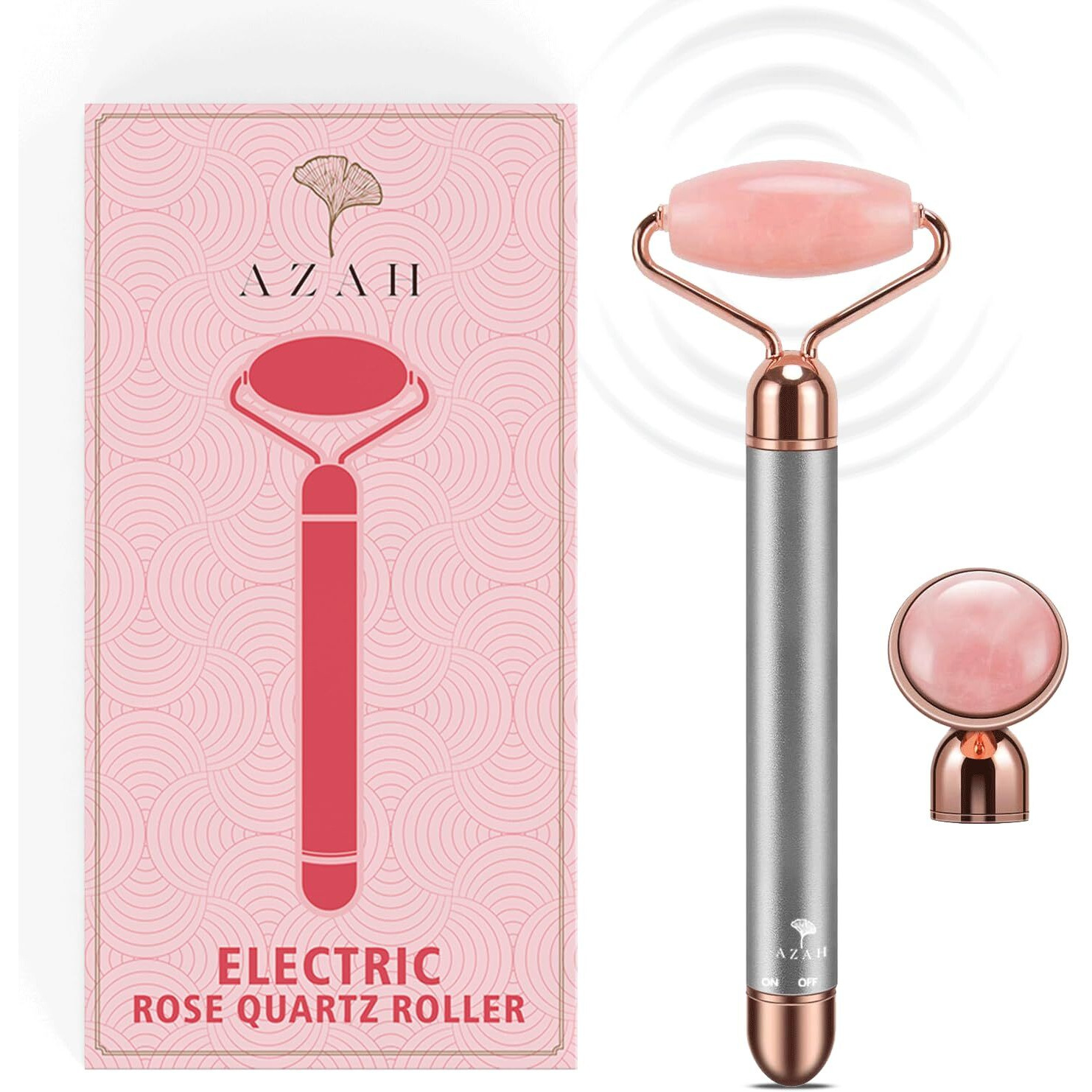 Azah Vibrating Rose Quartz Face Roller And Eye Press | Electric Face Massager For Women | Anti-Aging Facial Roller Kit For Face, Eye, Neck | Skin Firming And Lifting | Jade Roller, Facial Roller