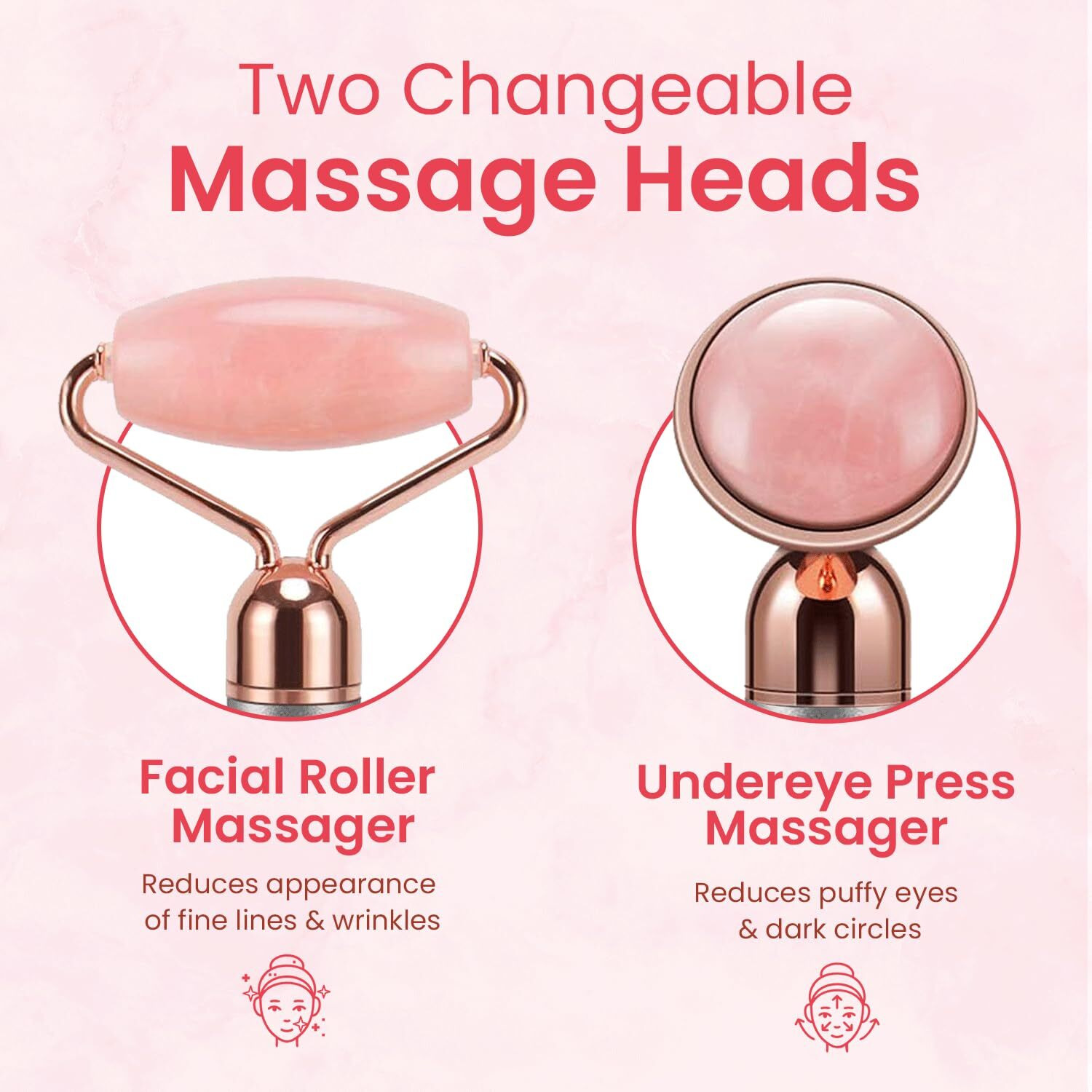 Azah Vibrating Rose Quartz Face Roller And Eye Press | Electric Face Massager For Women | Anti-Aging Facial Roller Kit For Face, Eye, Neck | Skin Firming And Lifting | Jade Roller, Facial Roller