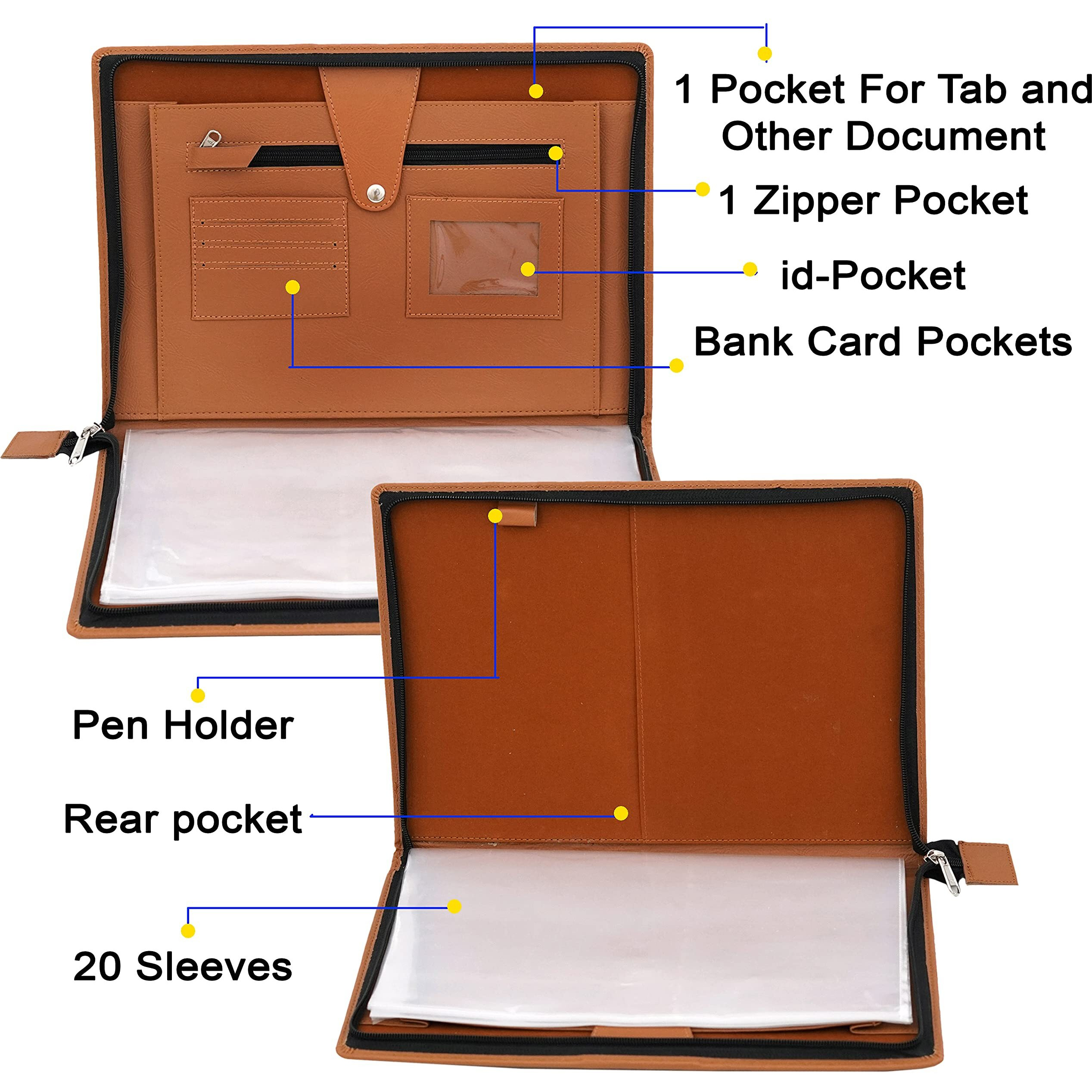 Storite Pu Leather Multipurpose 20 File Sleeve A4 Professional Files And Folders, Certificate, Legal Size Documents Holder For Home, Office, School (38 * 27Cm)-Tan Brown