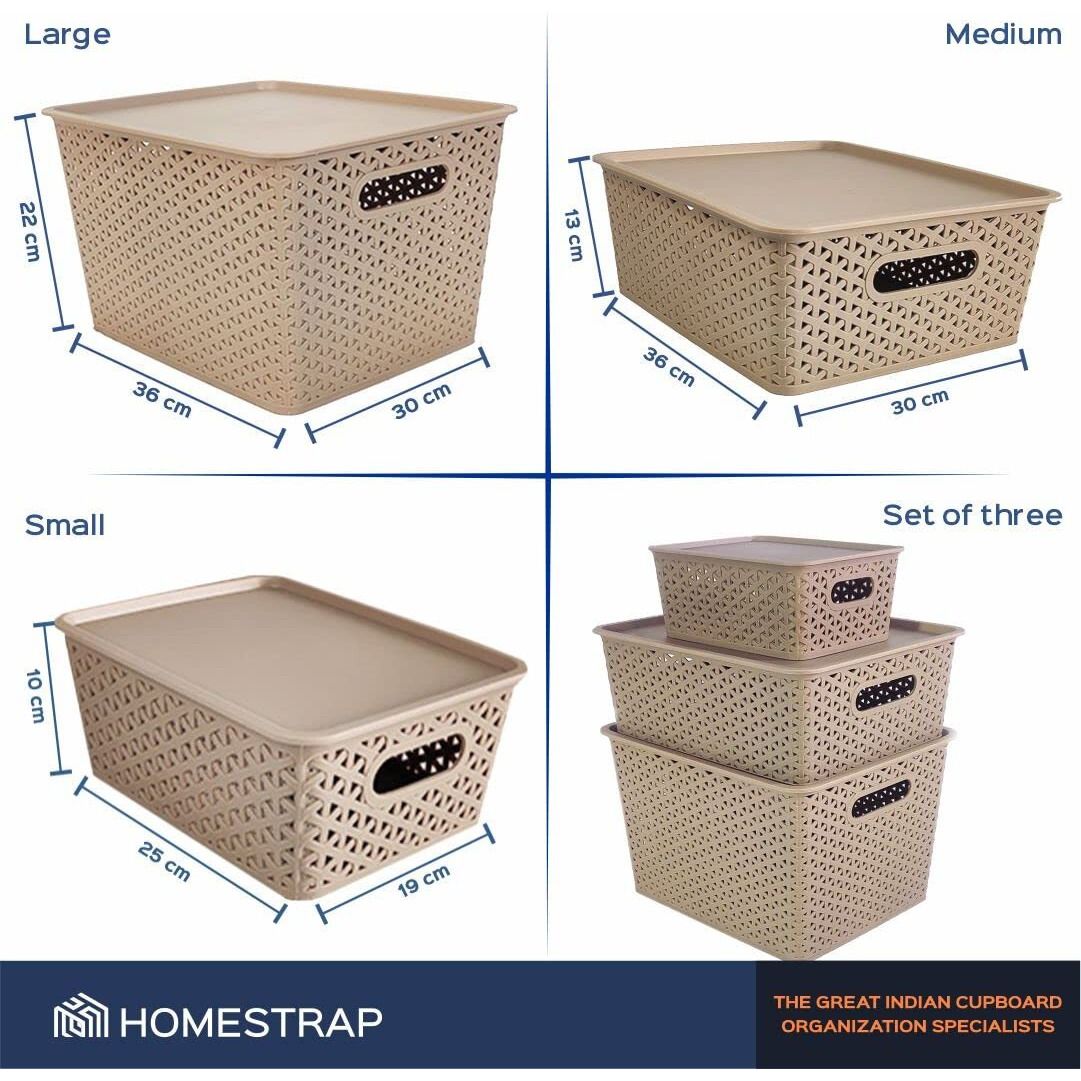 Homestrap Set Of 3 Plastic Storage Organizers/Baskets With Lid For Kitchen, Clothes, Multipurpose Vegetables, Toys, Books, Office, Stationery, Wardrobe(Small, Medium, Large | Biscuit)