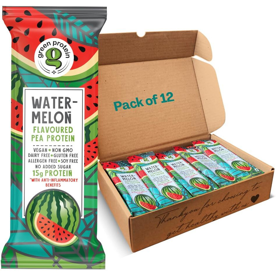 Green Protein Vegan Plant Pea Protein Isolate Powder, 15Gm Protein Per Serving, No Added Sugar, 100% Vegan, Soy, Dairy, Gluten & Allergen Free, Shark Tank, Watermelon Flavor, Pack Of 12, 23 Gm Each