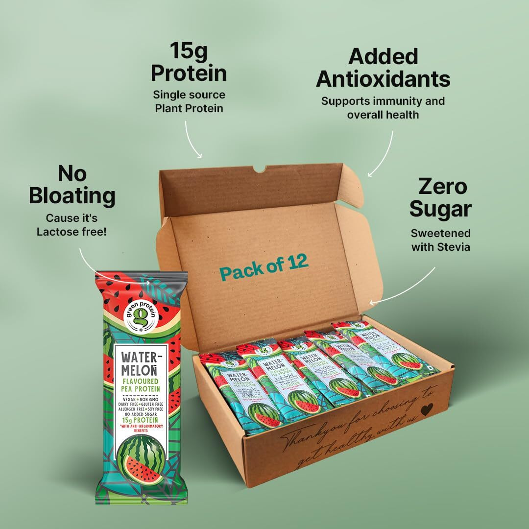 Green Protein Vegan Plant Pea Protein Isolate Powder, 15Gm Protein Per Serving, No Added Sugar, 100% Vegan, Soy, Dairy, Gluten & Allergen Free, Shark Tank, Watermelon Flavor, Pack Of 12, 23 Gm Each