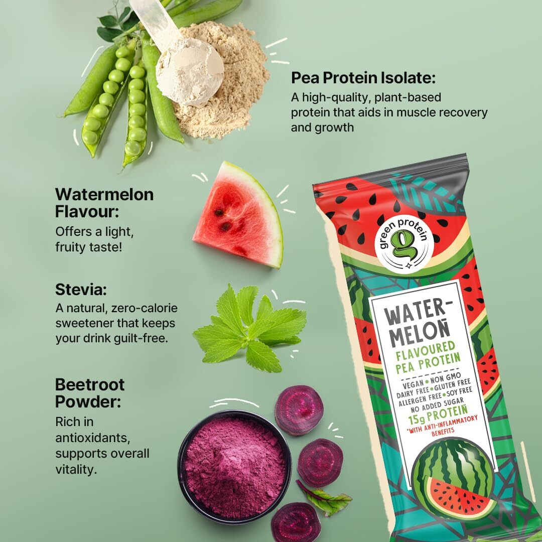 Green Protein Vegan Plant Pea Protein Isolate Powder, 15Gm Protein Per Serving, No Added Sugar, 100% Vegan, Soy, Dairy, Gluten & Allergen Free, Shark Tank, Watermelon Flavor, Pack Of 12, 23 Gm Each