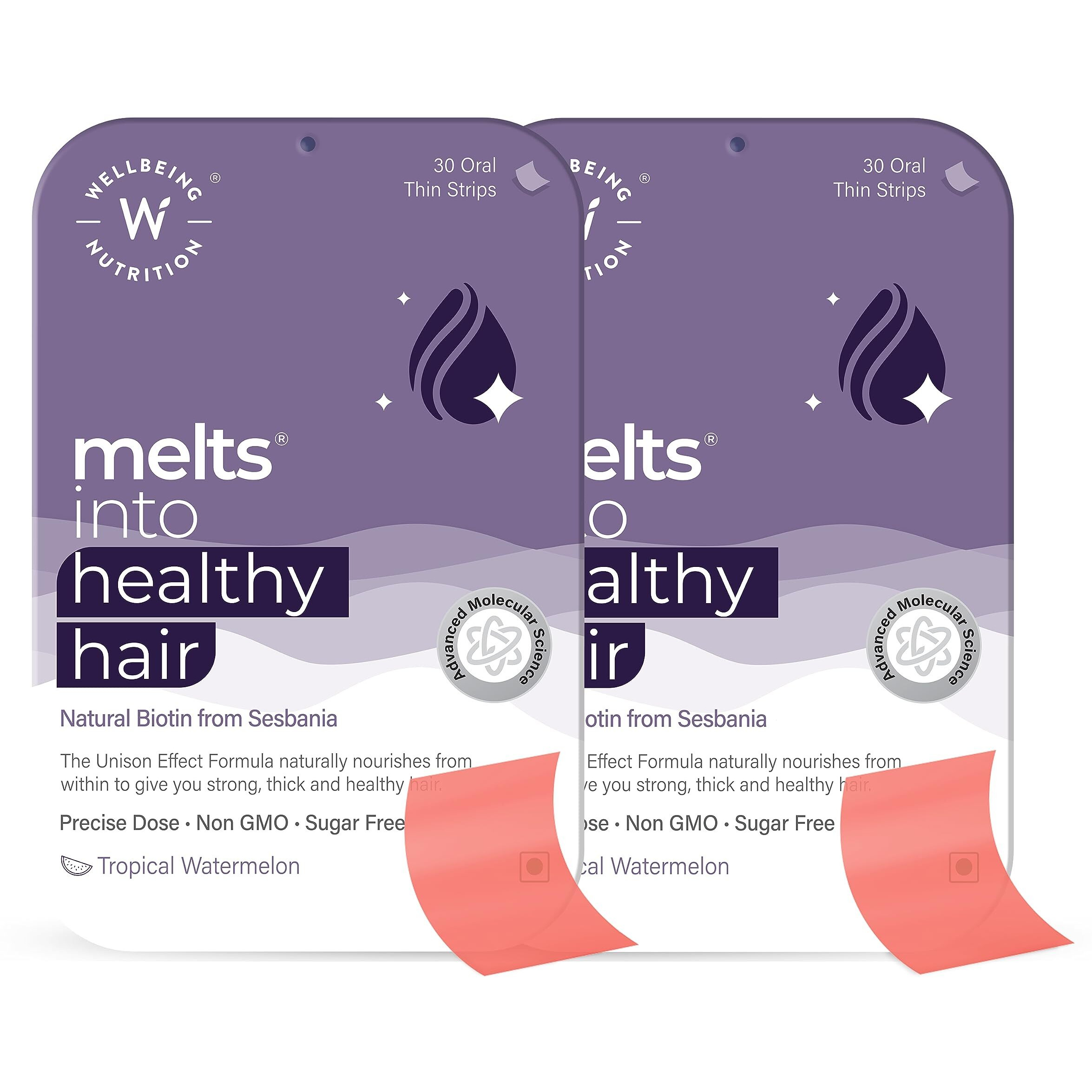 Wellbeing Nutrition Melts Healthy Hair | Plant Based Biotin, Zinc, Bamboo Extract, Folic Acid For Hair Nourishment, Strength And Thickness (60 Oral Strips)