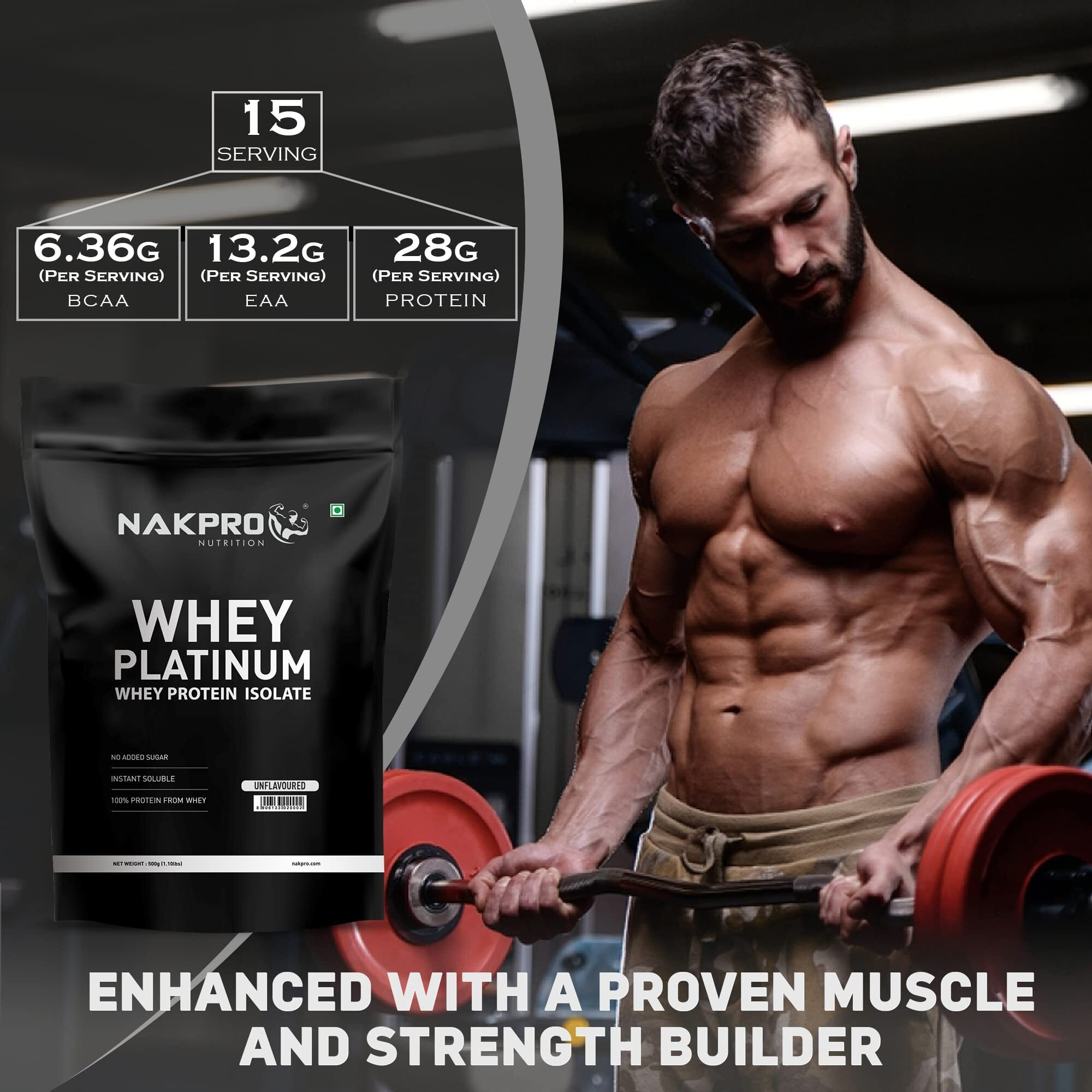 Nakpro Platinum Whey Protein Isolate 90%, 500G Unflavoured | 31G Protein, Trustified Certified & No Adulteration | Fast Absorbing Whey Protein Powder