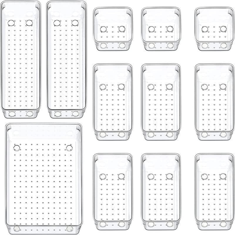 Inkulture Acrylic Drawer Organizer Cosmetics Storage Bins With Various Size For Kitchen,Office, Bathroom, Vanity Makeup Organiser | Set Of 12 Pcs |Clear