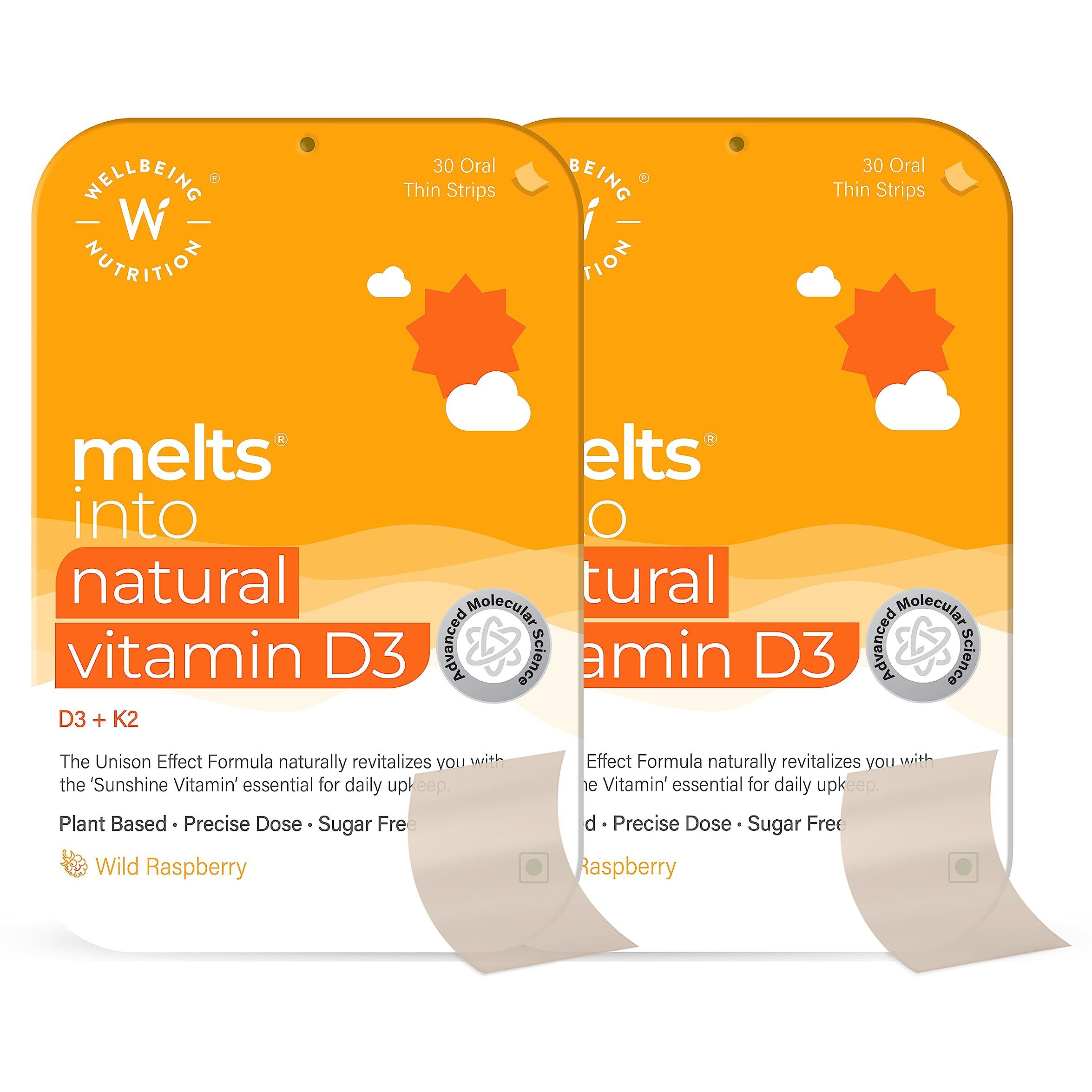 Wellbeing Nutrition Melts Natural Vitamin D3+K2 (Mk-7) | Plant-Based & Vegan D3 For Immunity, Heart Health, Joints, Bone, Cellular Protection | Vitashine, Resveterol & Menaquingold (60 Oral Strips)