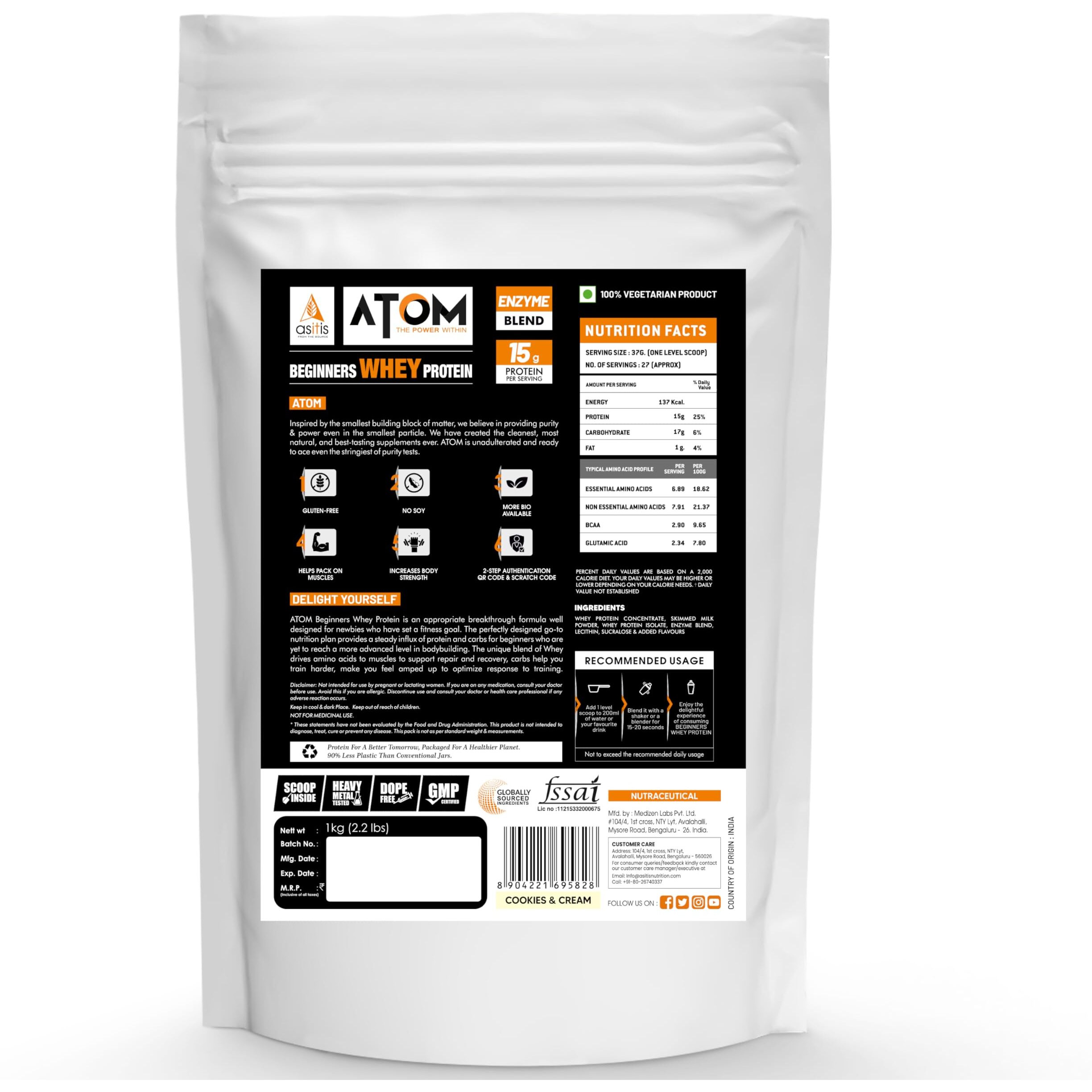 As-It-Is Atom Beginners Whey Protein 1Kg | Accelerates Muscle-Building | Increases Body Strength | Cookies And Cream