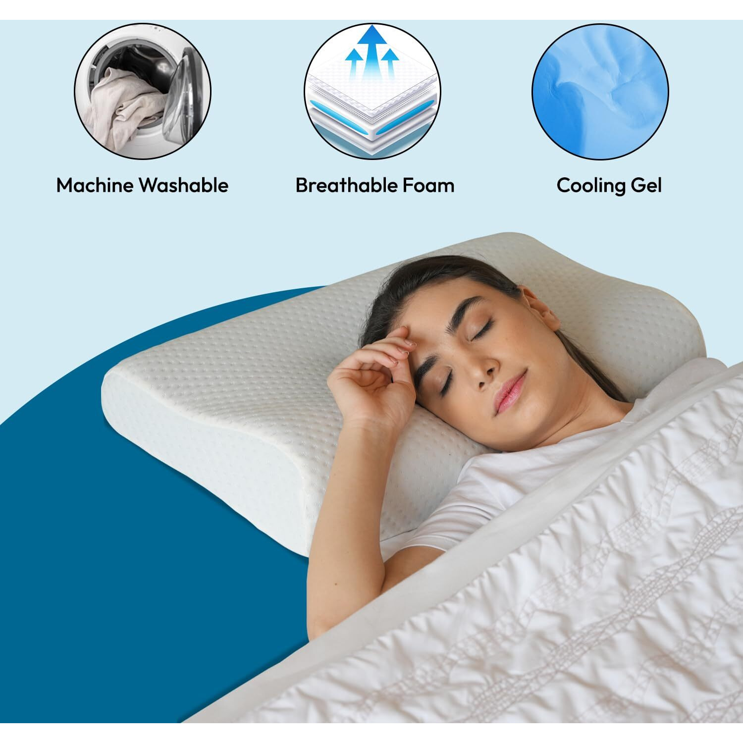 Sleepsia Breathable Cooling Gel Contour Memory Foam Pillow | 1 Year Warranty | Neck Support Cervical Pillow For Pain Relief - Orthopedic Ergonomic Support For Side, Back And Stomach Sleepers