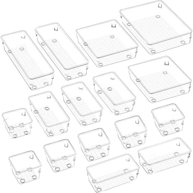 Inkulture Drawer Organizer Storage Bins With Various Size For Kitchen,Office, Bathroom, Vanity Makeup Organiser | Set Of 16 Pcs |Clear