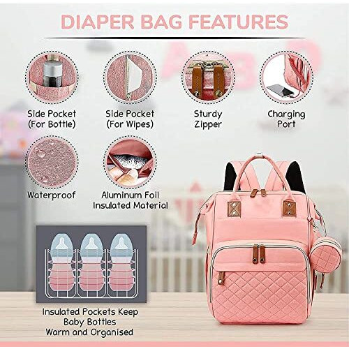 Handcuffs Baby Diaper Bag For Mothers | Maternity Bags | Waterproof | Nappy Backpack | New Mom | Travel | Backpacks | Gifts (Pink)