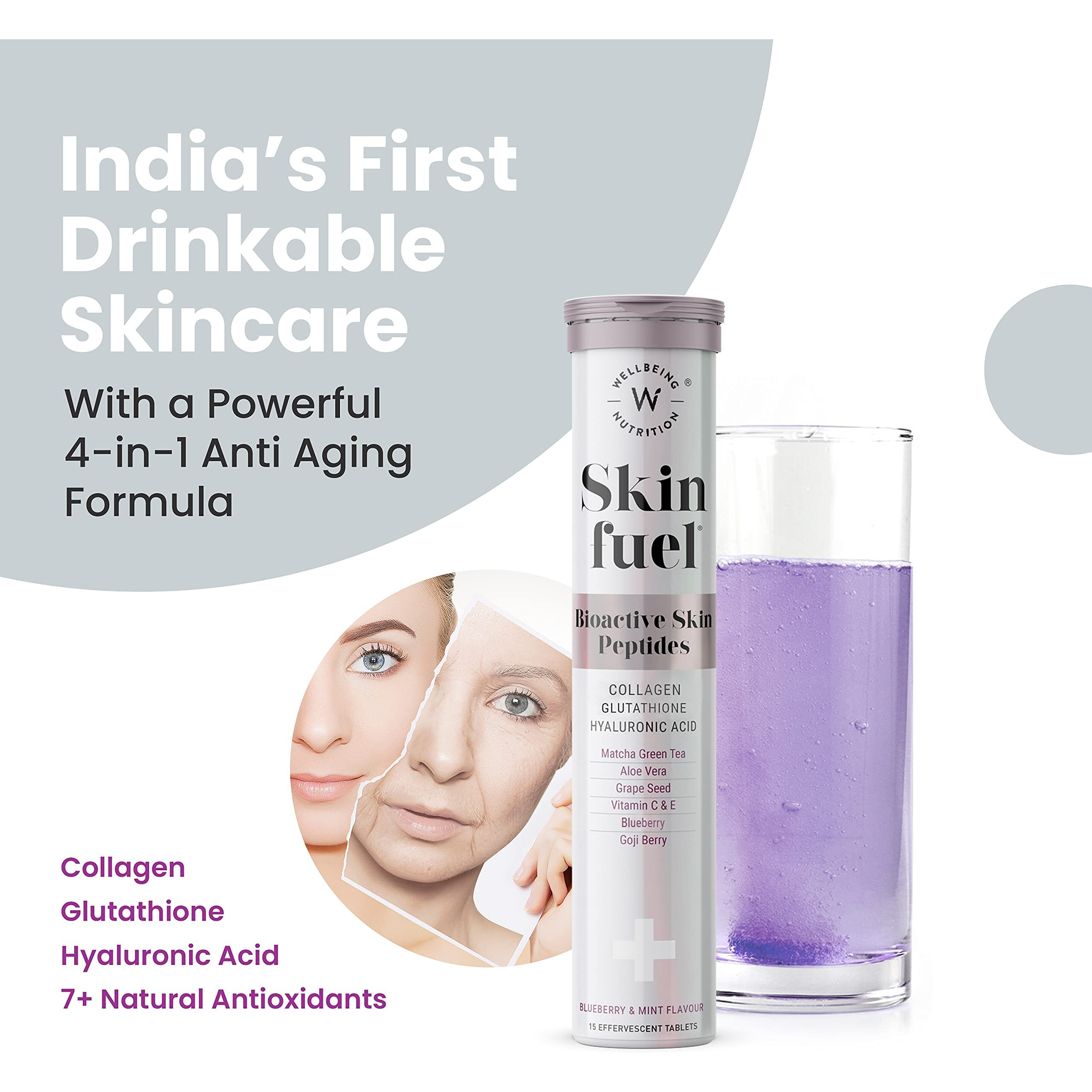 Wellbeing Nutrition Skin Fuel | Glutathione & Collagen Tablets | Skin Glow And Radiance For Men & Women | Hyaluronic Acid, Grape Seed, Vitamin E (15 Effervescent Tablets) Pack Of 4