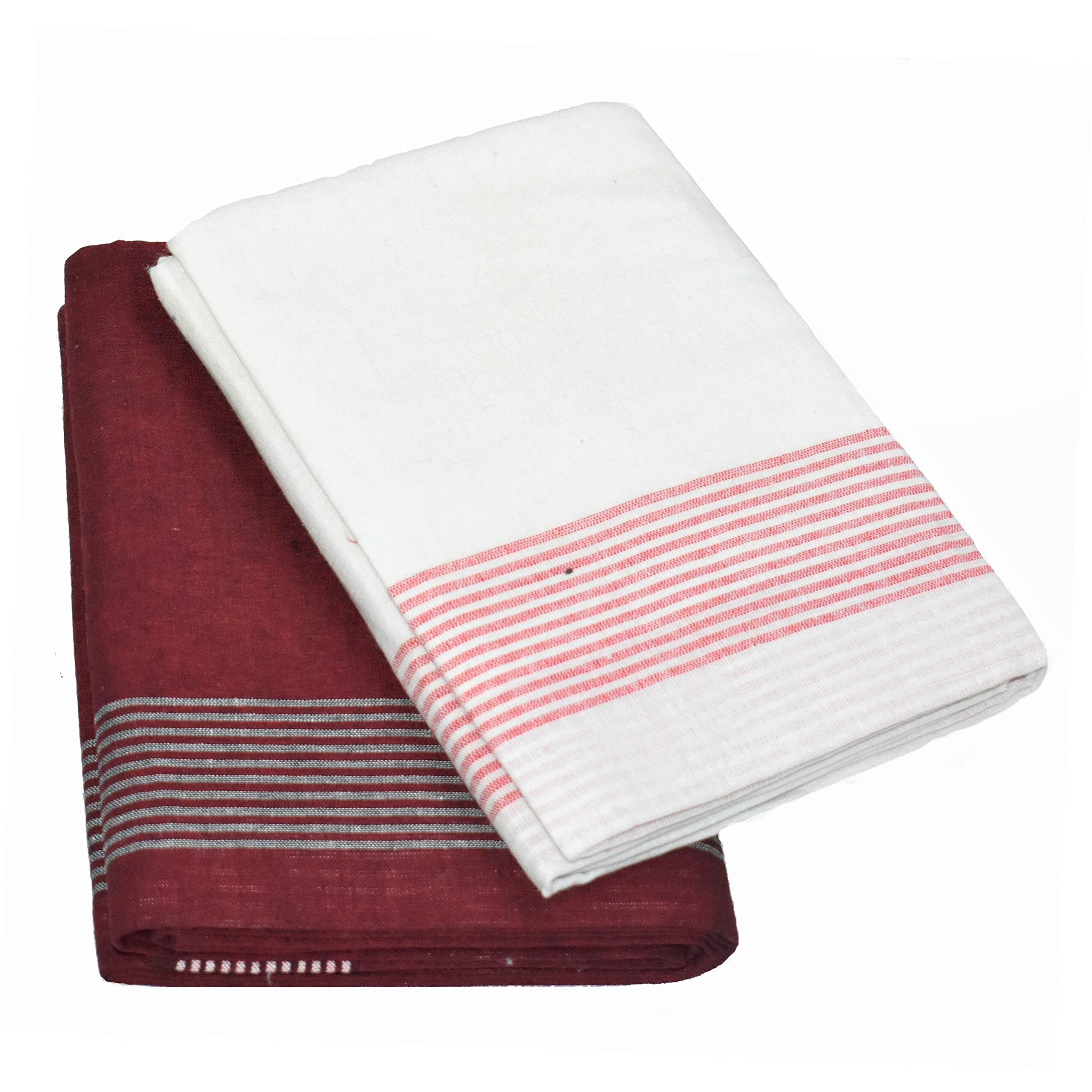 Tuni Mani Men's Cool Cotton Dhoti Plain Solid/Length 2.0M (Pack Of 2) (30 Red & White (Rb))