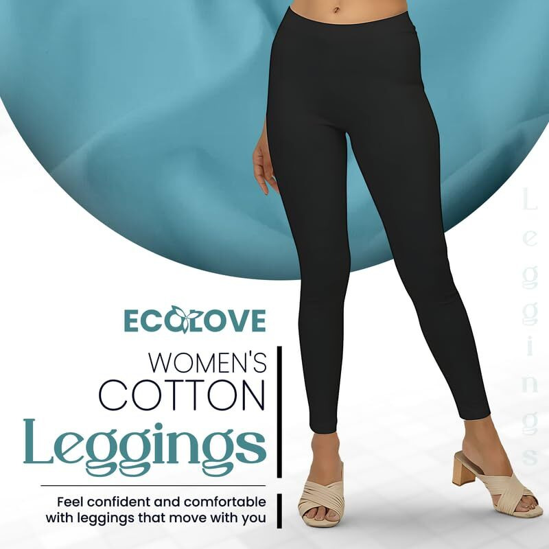 Ecolove Women's Cotton Fabric Leggings | Elastic Waist Band & Ankle Length With Slim Fit | Skinny Fit | Leggings For Women |Soft Seams, Dry Tech, Squat Proof | Comfortable & Stretchable | Black (M)
