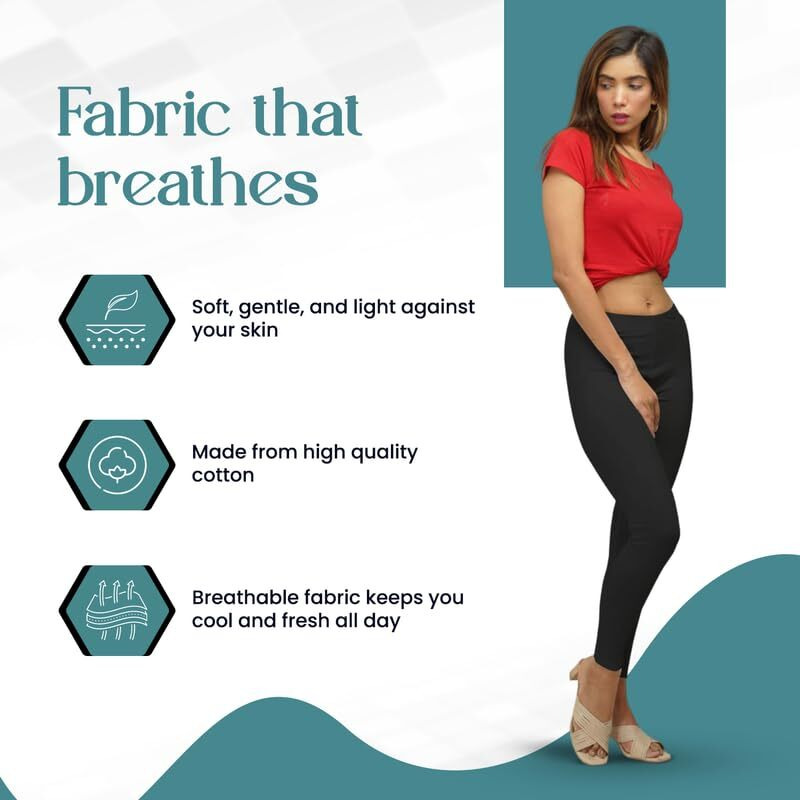 Ecolove Women's Cotton Fabric Leggings | Elastic Waist Band & Ankle Length With Slim Fit | Skinny Fit | Leggings For Women |Soft Seams, Dry Tech, Squat Proof | Comfortable & Stretchable | Black (M)