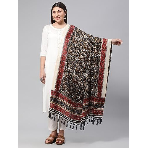 Rani Saahiba Women's Art Silk Kalamkari Dupatta(Skrdd2511_Black)
