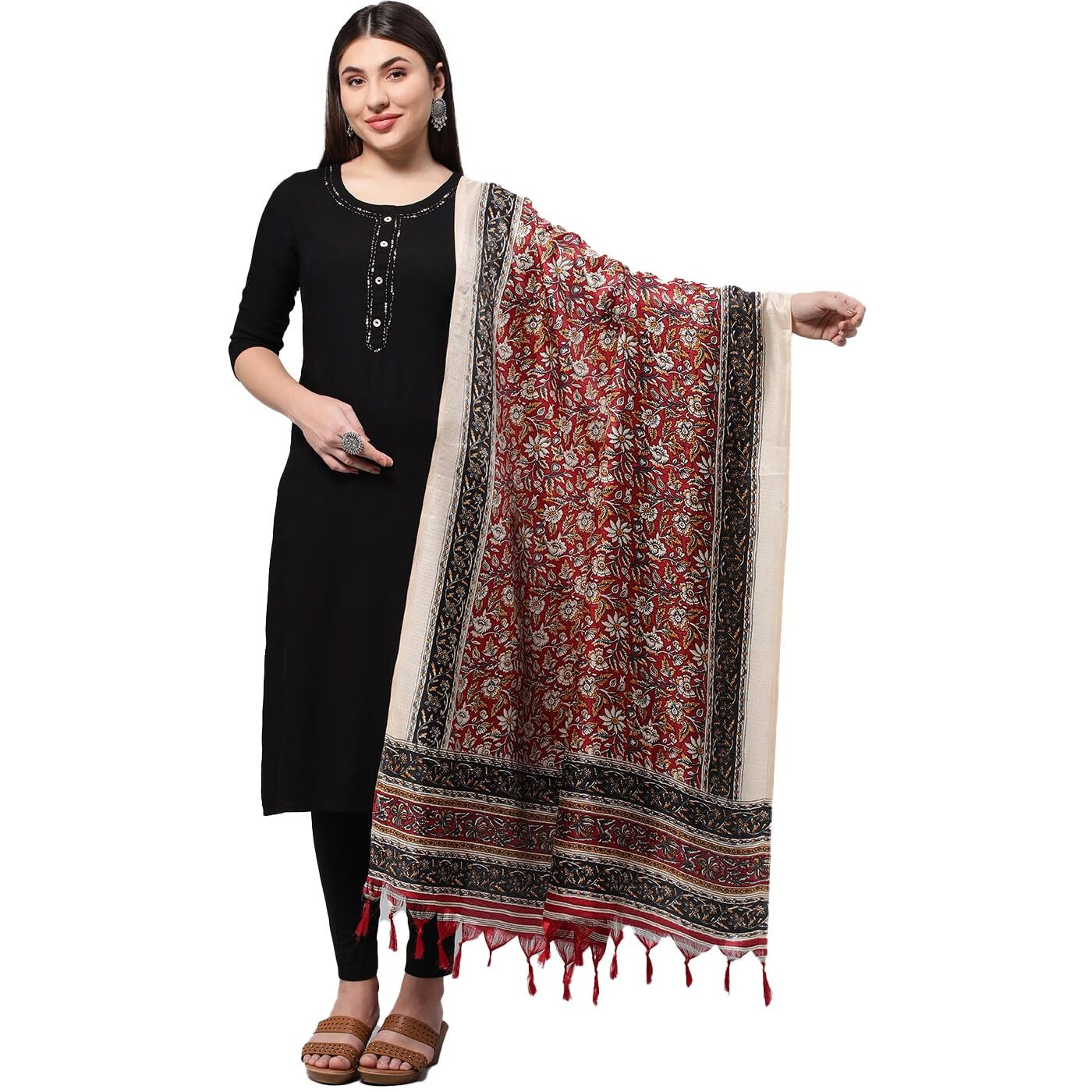Rani Saahiba Women's Art Silk Kalamkari Dupatta(Skrdd2509_Maroon)