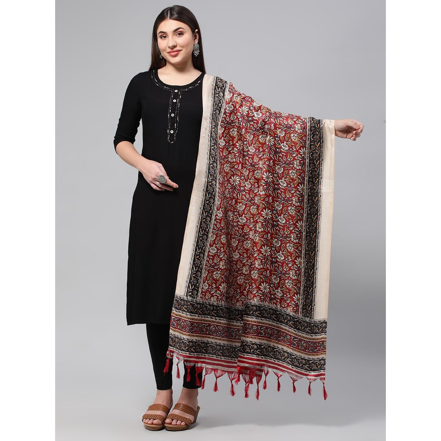 Rani Saahiba Women's Art Silk Kalamkari Dupatta(Skrdd2509_Maroon)